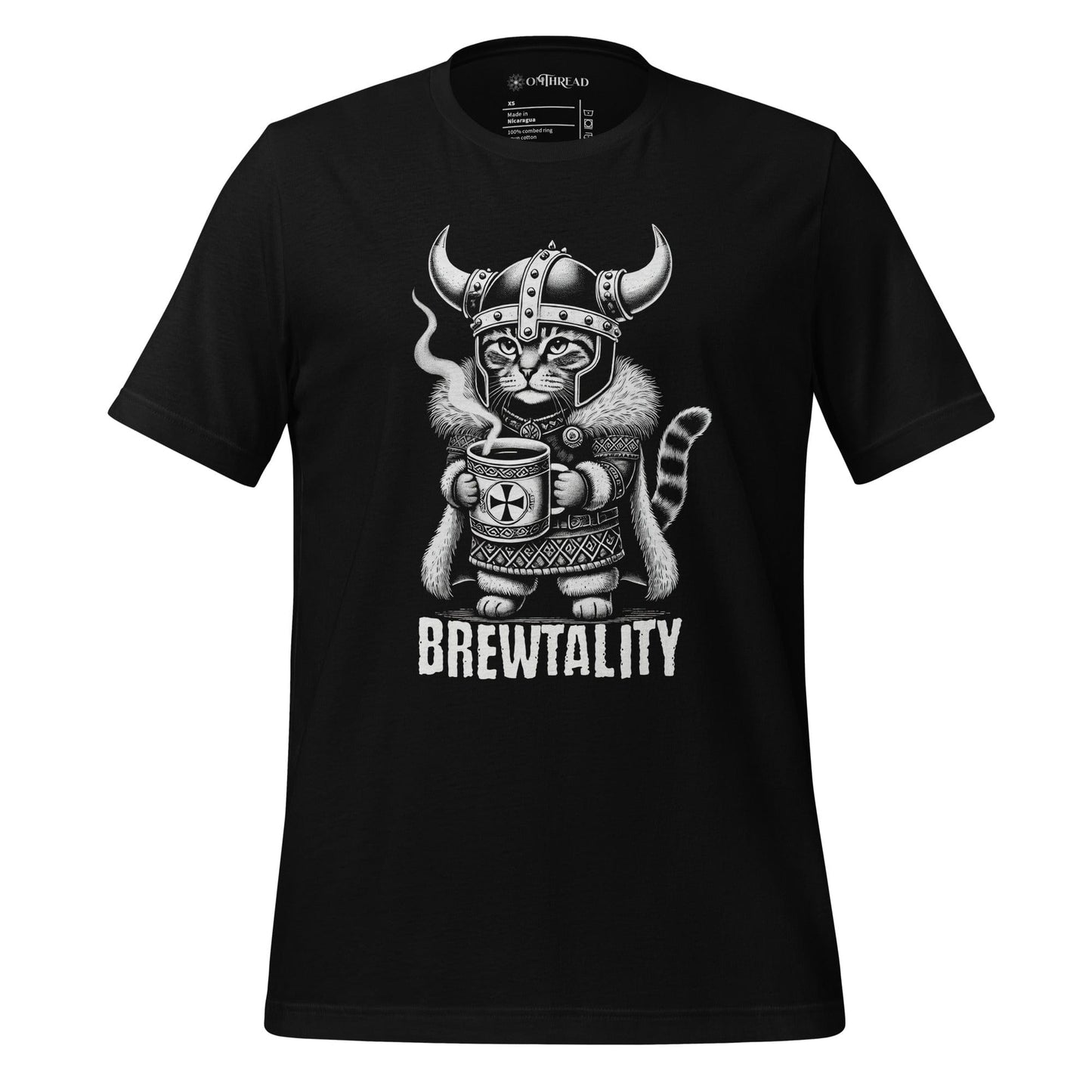OMTHREAD black t-shirt featuring a Viking cat in a horned helmet, gripping a steaming mug of coffee. The word 'Brewtality' is printed below in bold lettering. The feline wears Nordic-style armor with a fur cape.