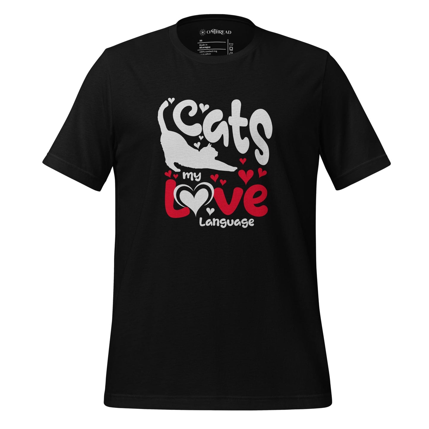 OMThread black t-shirt featuring a bold graphic design with the phrase "Cats My Love Language" in white and red letters. The text is decorated with heart accents, and a playful cat silhouette is integrated into the typography.