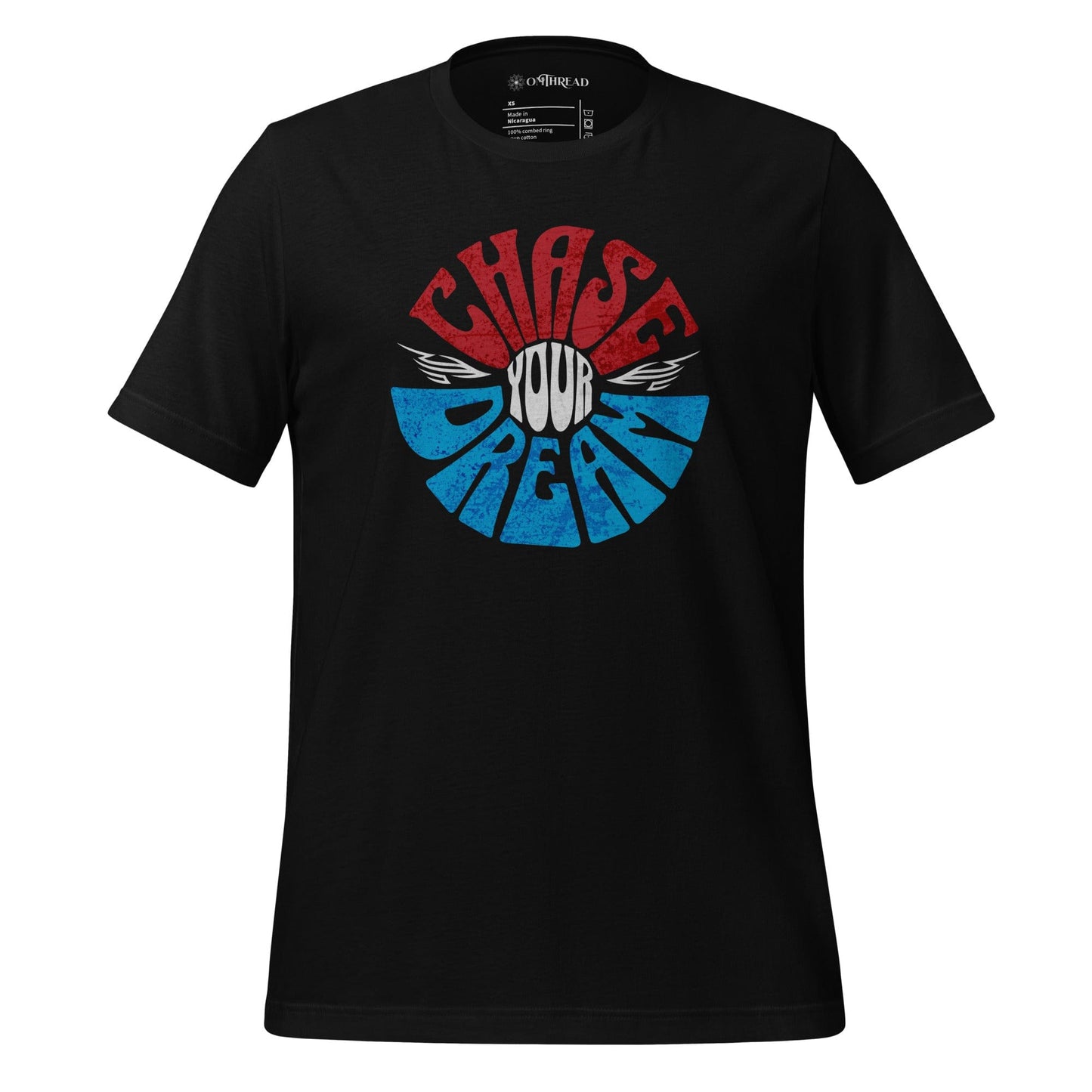 OMTHREAD black t-shirt with red and blue "Chase Your Dream" design featuring bold text and wing accents.