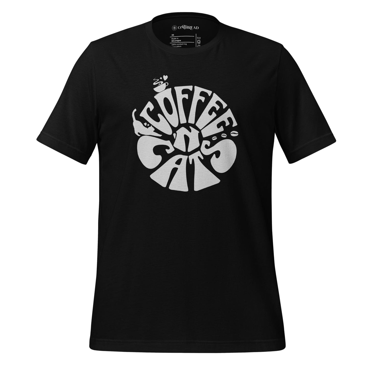 OMTHREAD black t-shirt featuring a retro-style design with the phrase "Coffee N' Cats" in bold, curvy white lettering. The typography incorporates small illustrations of a steaming coffee cup and a cat silhouette.