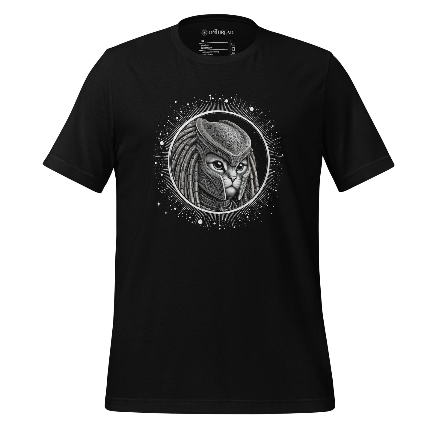 OMTHREAD Cosmic Warrior Cat T-Shirt - Futuristic Alien Cat Tee for Sci-Fi and Space Enthusiasts - Unique Galaxy-Inspired Cat Lover Shirt on Black