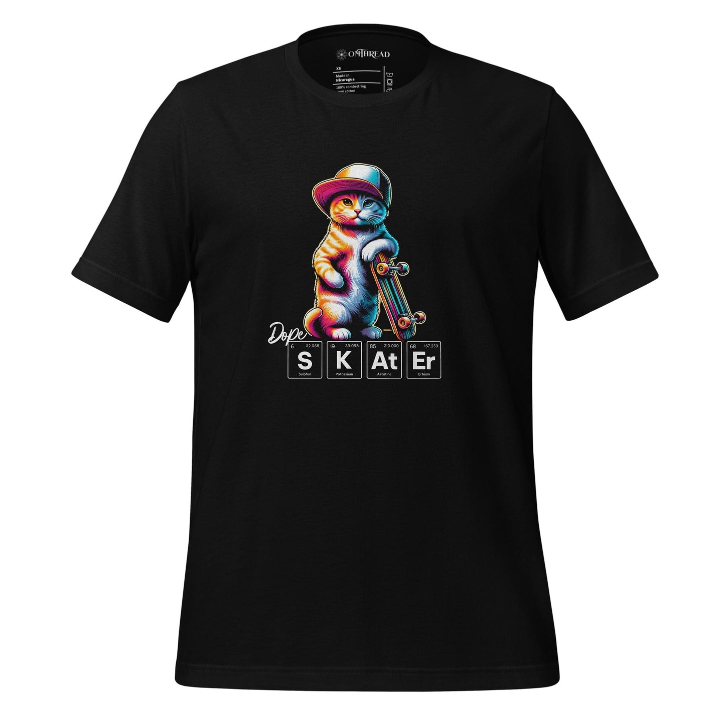 OMTHREAD black t-shirt featuring a colorful illustration of a cat wearing a hat and holding a skateboard. Below the cat, the word "SKATER" is spelled out using periodic table elements: sulfur (S), potassium (K), astatine (At), and erbium (Er).