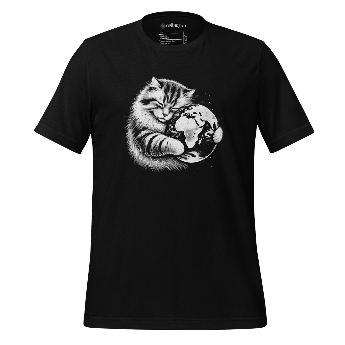 Black t-shirt featuring a detailed illustration of a fluffy cat peacefully hugging planet Earth.