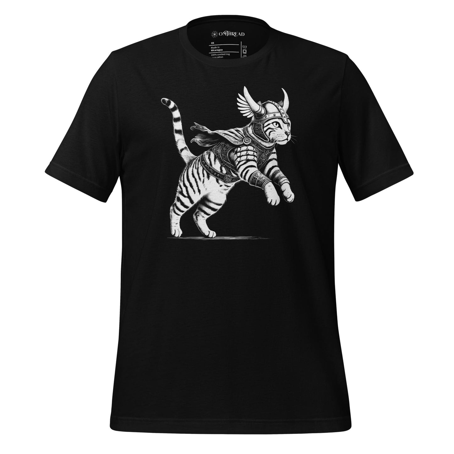 OMThread black t-shirt featuring a detailed illustration of a Viking cat in armor with a horned helmet, flowing cape, and feathered wings. The feline warrior is in an action-ready pose with intricate linework.