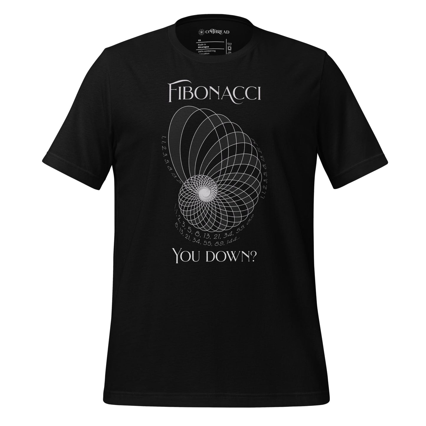 OMTHREAD Fibonacci, You Down? Science Geek Tee, black, Fibonacci sequence design with spiral and numbers