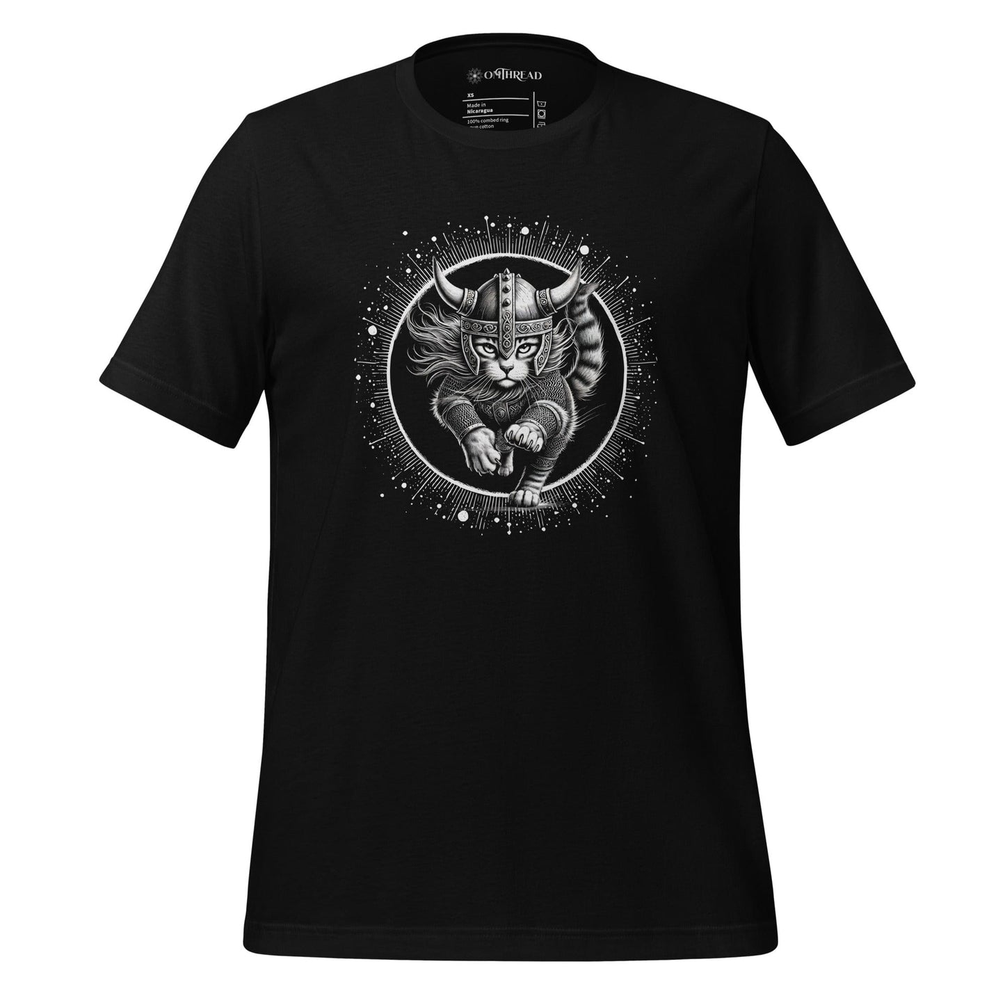 Black t-shirt featuring a Viking cat warrior leaping forward, wearing a horned helmet and armor, set against a cosmic circular background with radiant lines.