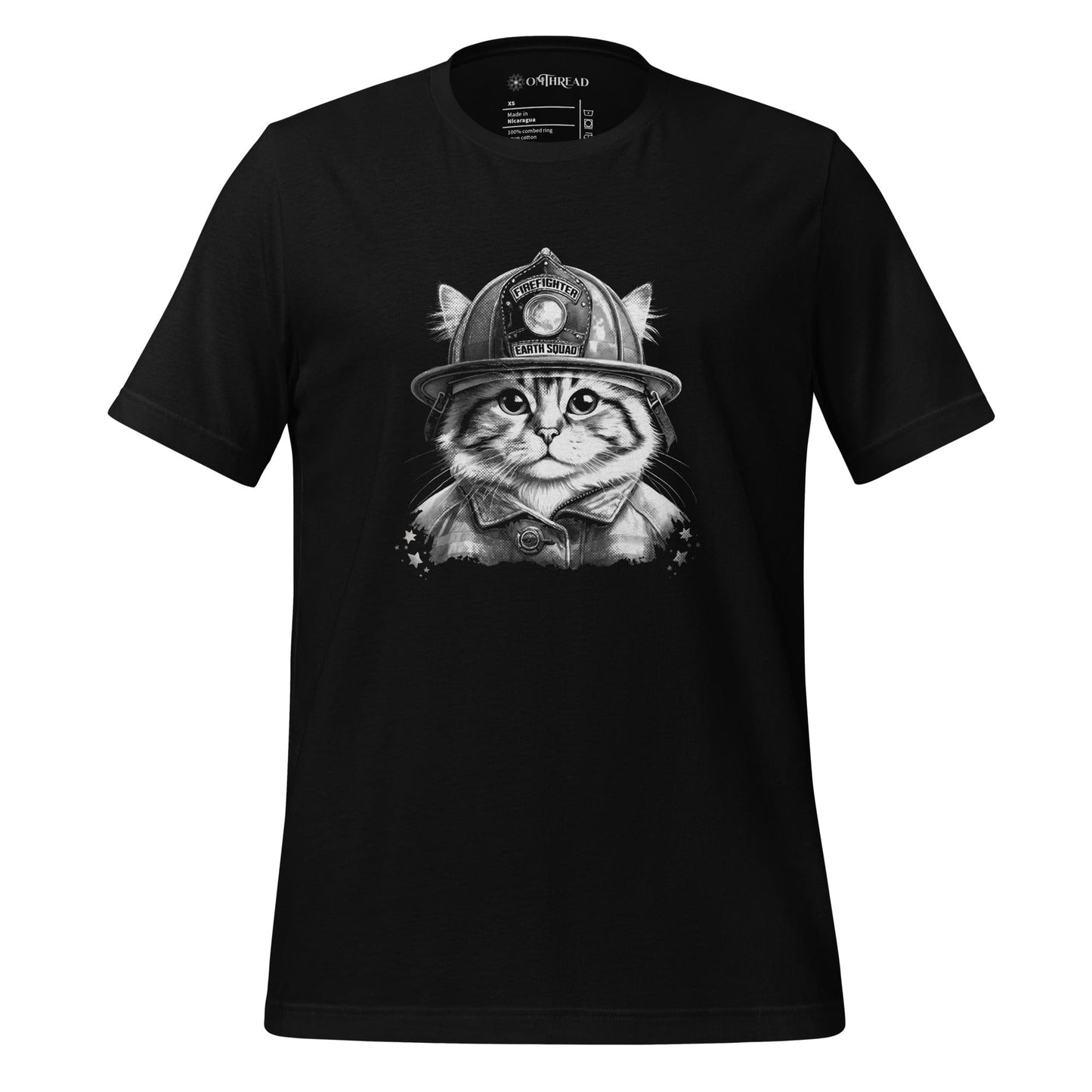 OMThread firefighter cat black t-shirt, featuring a detailed black and white illustration of a cat wearing a firefighter helmet with "Earth Squad" text.