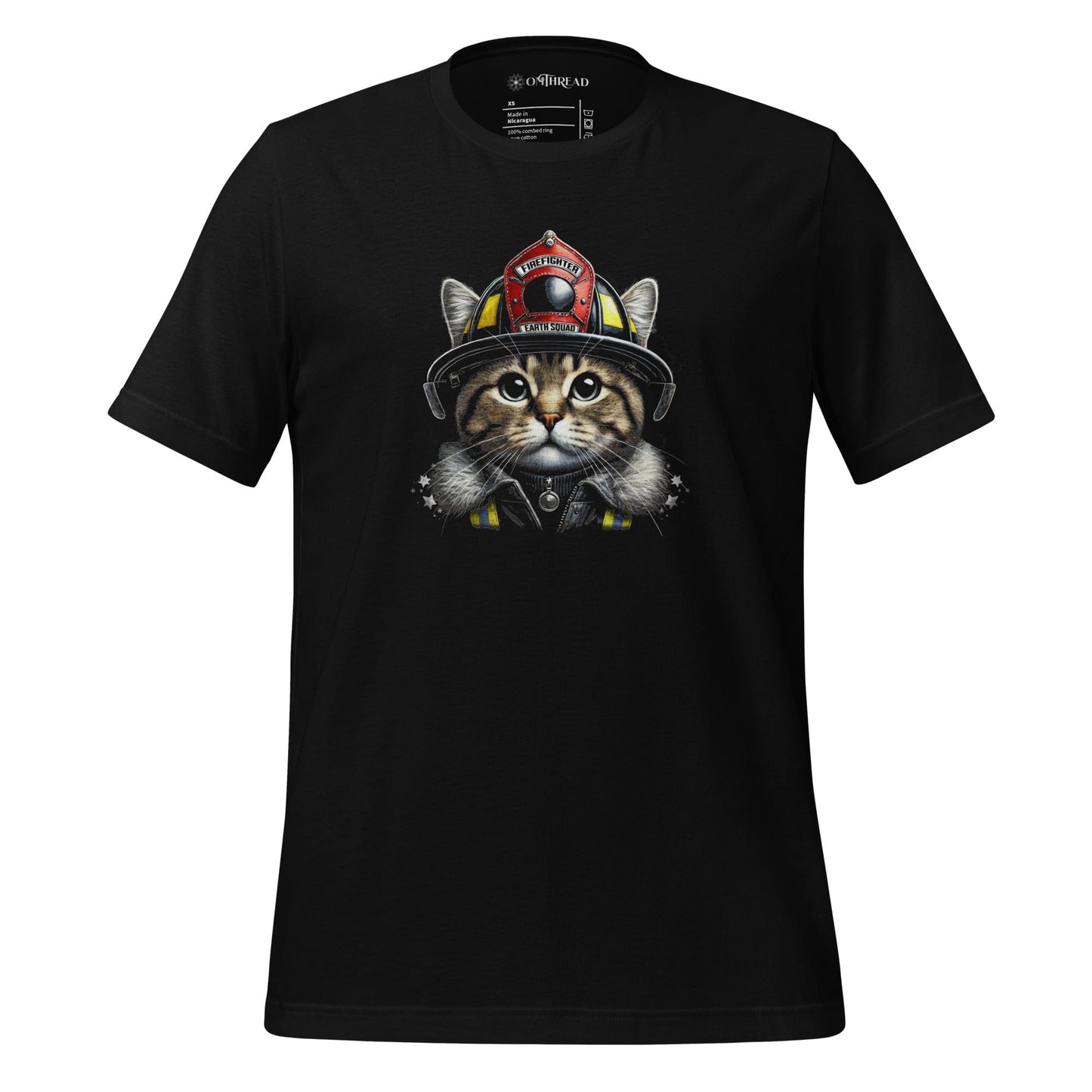 OMThread firefighter cat black t-shirt featuring a detailed illustration of a cat wearing a firefighter helmet labeled "Earth Squad." The design highlights bravery and environmental responsibility.