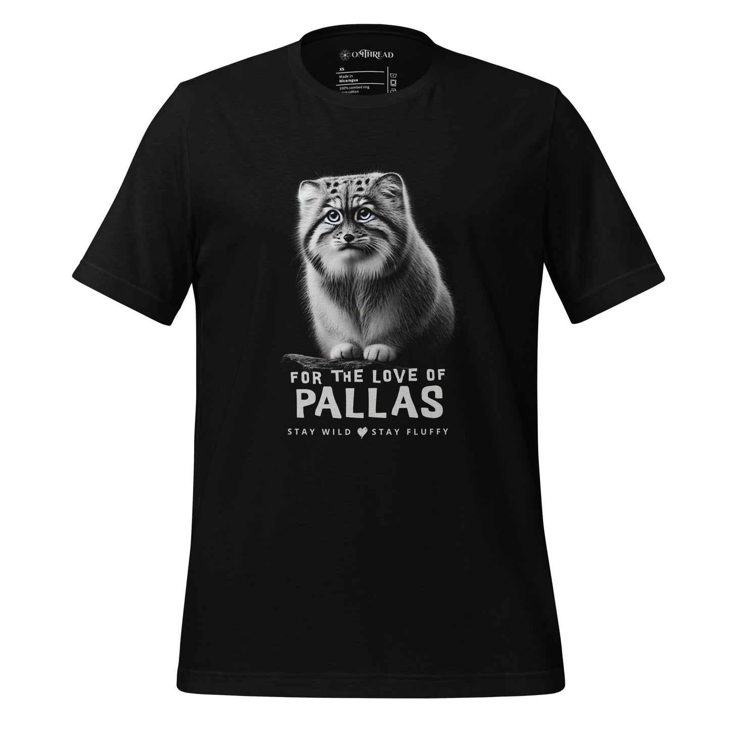 OMThread Black t-shirt featuring a detailed illustration of a Pallas cat sitting on a branch. The design includes bold text that reads "For the Love of Pallas" with the phrase "Stay Wild Stay Fluffy" underneath. The artwork is monochromatic with soft shading.
