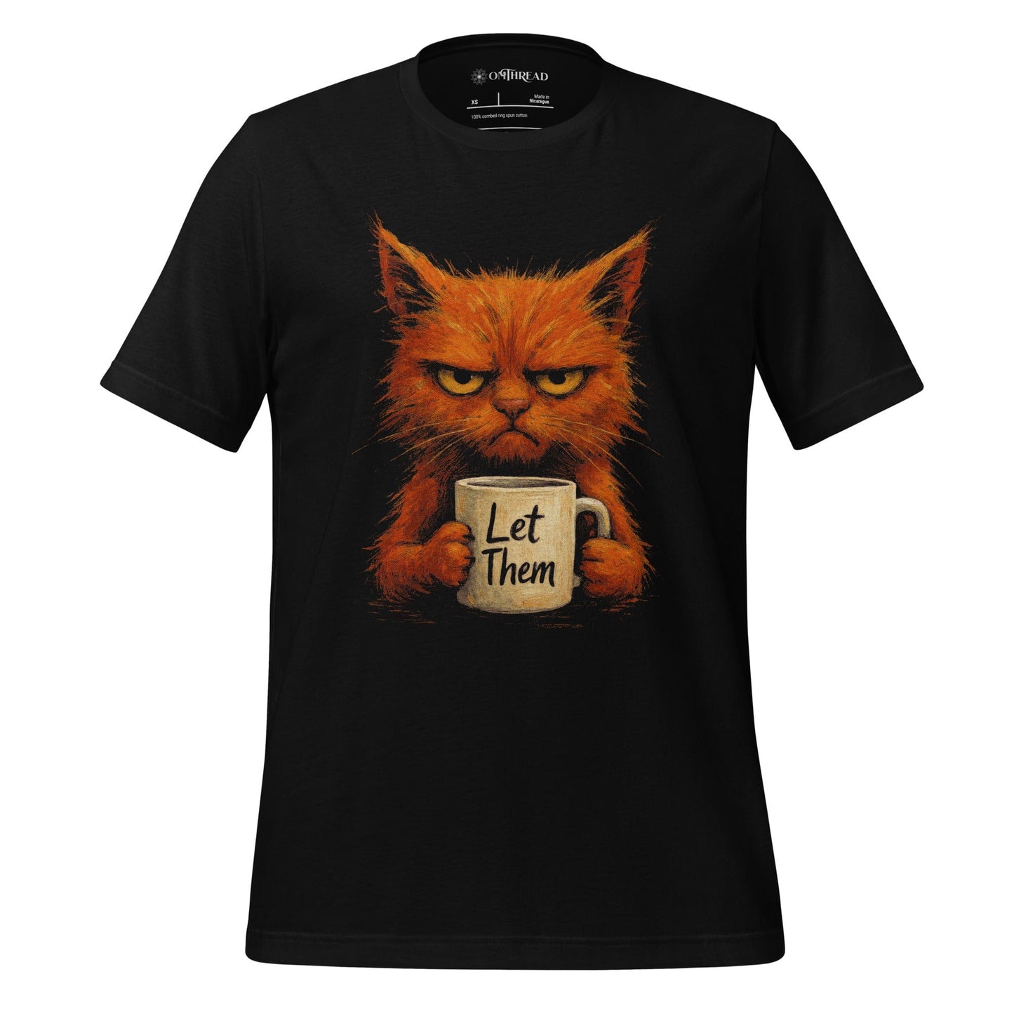 OMTHREAD Black / XS Grumpy Cat Let Them Mug T-Shirt, Funny Orange Cat Tee, Moody Cat Coffee Shirt