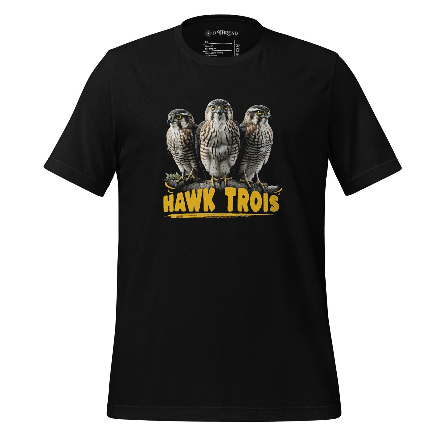 OMTHREAD black t-shirt with Hawk Trois design featuring three hawks perched together with bold yellow text