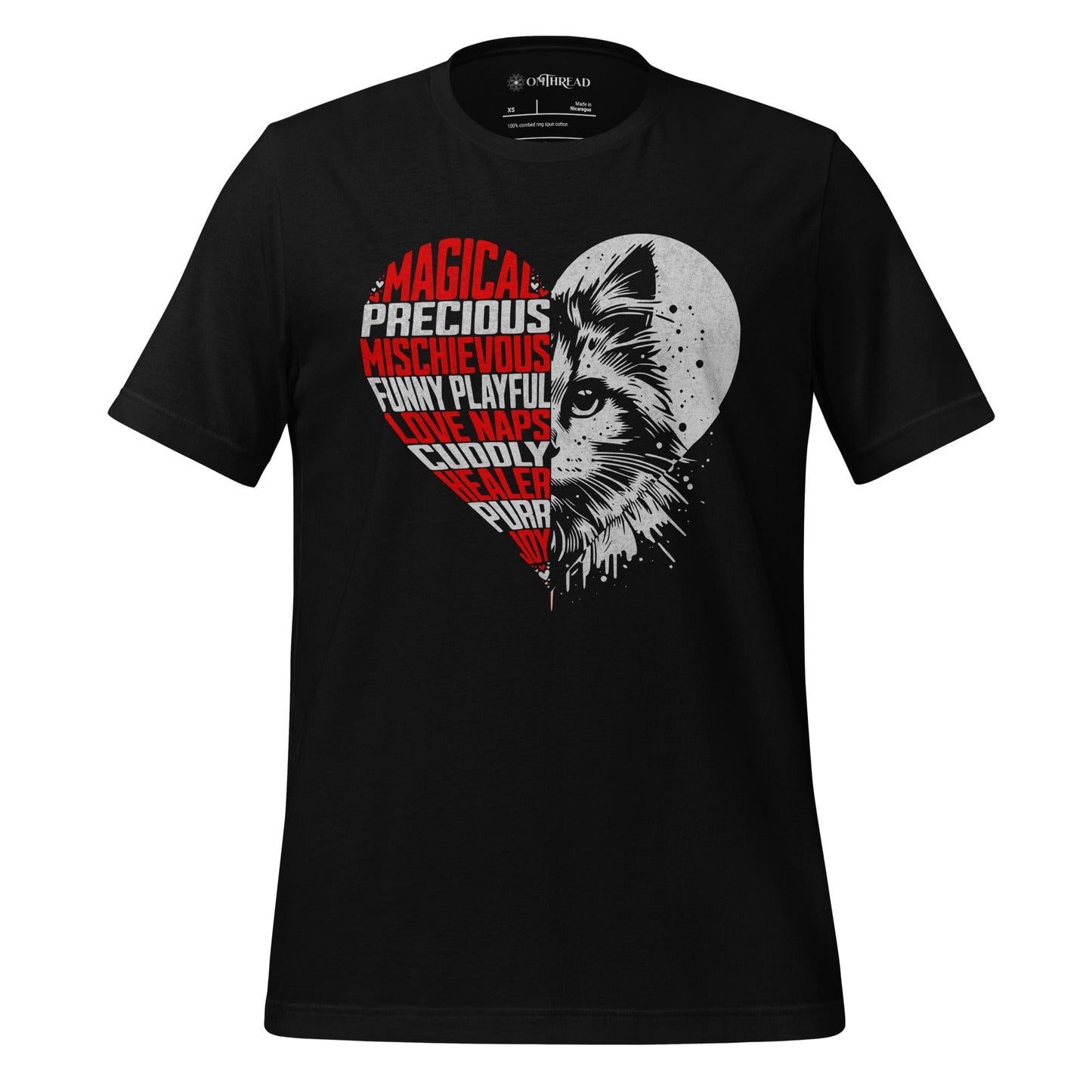 OMTHREAD Black / XS Heart Cat Word Art T-Shirt, Cute Cat Lover Shirt, Gift for Cat Moms and Dads