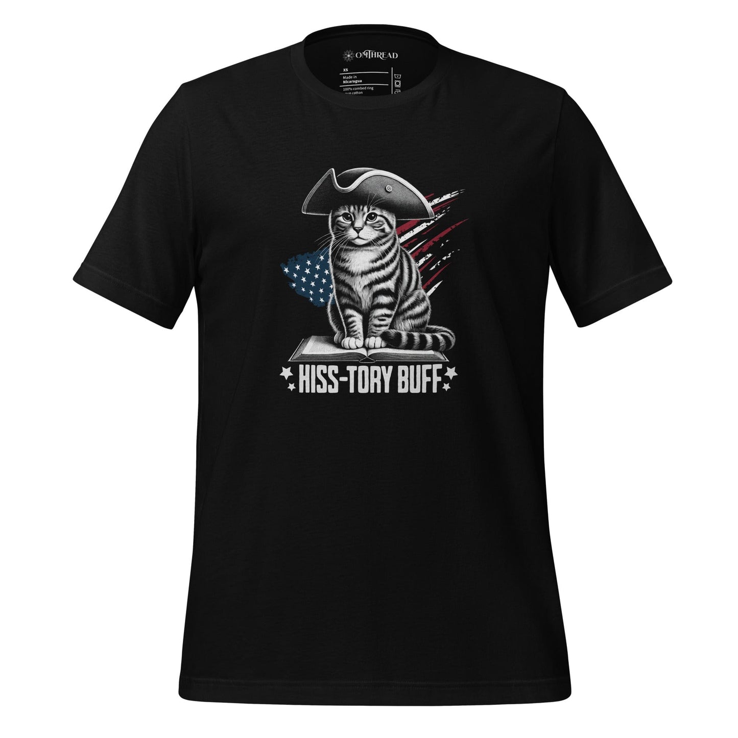 OMThread Black Hiss-tory Buff Cat T-Shirt featuring a colonial-style tabby cat sitting on a book, wearing a tricorn hat, with an American flag background. The design includes bold text that reads 'Hiss-tory Buff.' Printed on a black unisex t-shirt.