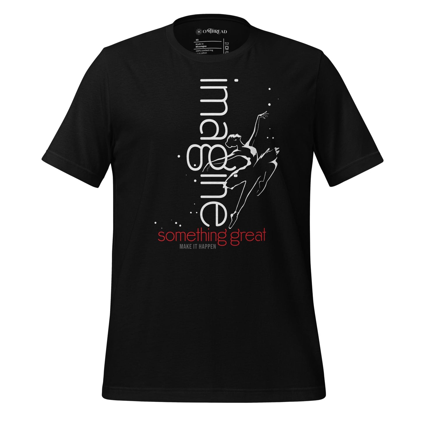 OMTHREAD black t-shirt featuring a dynamic illustration of a dancer leaping with the text "imagine something great" in white and red.