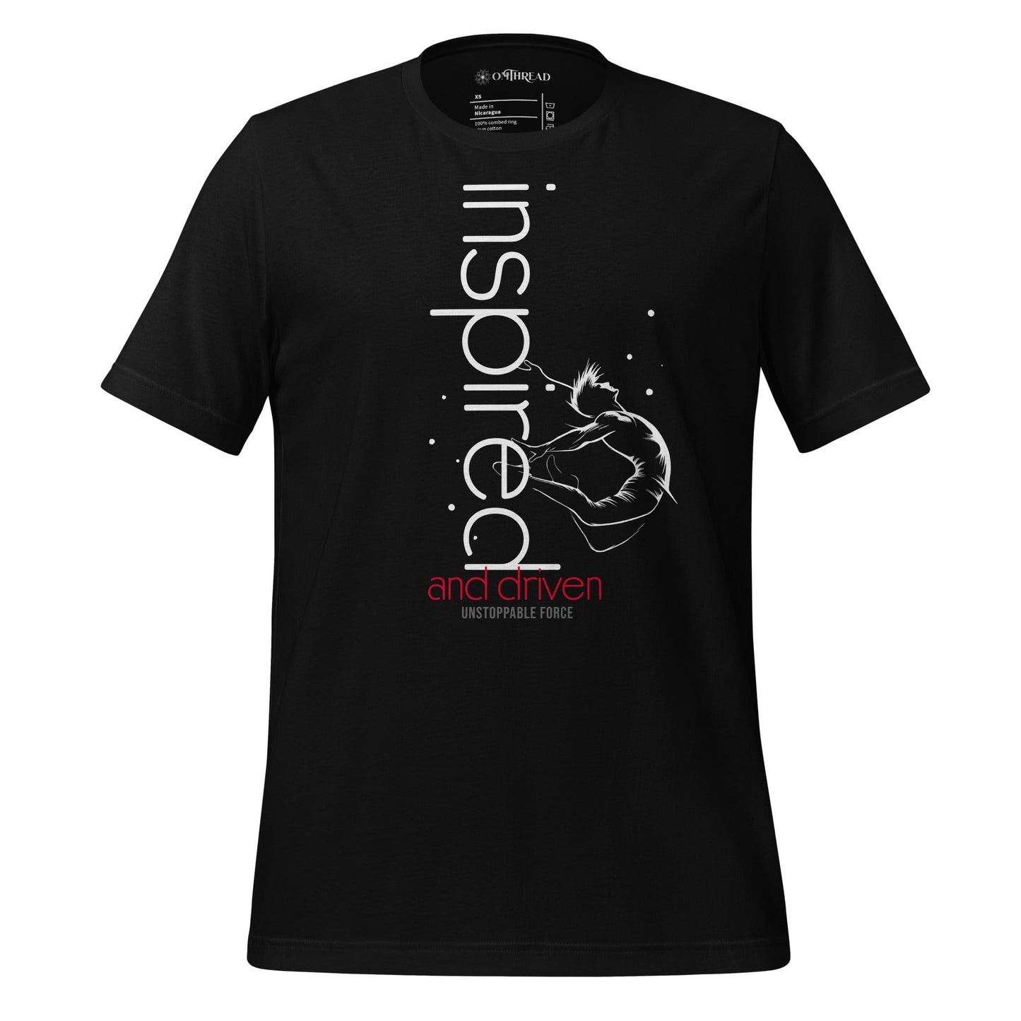 OMThread black t-shirt with "Inspired and Driven" typography and an abstract figure in motion, symbolizing motivation and determination