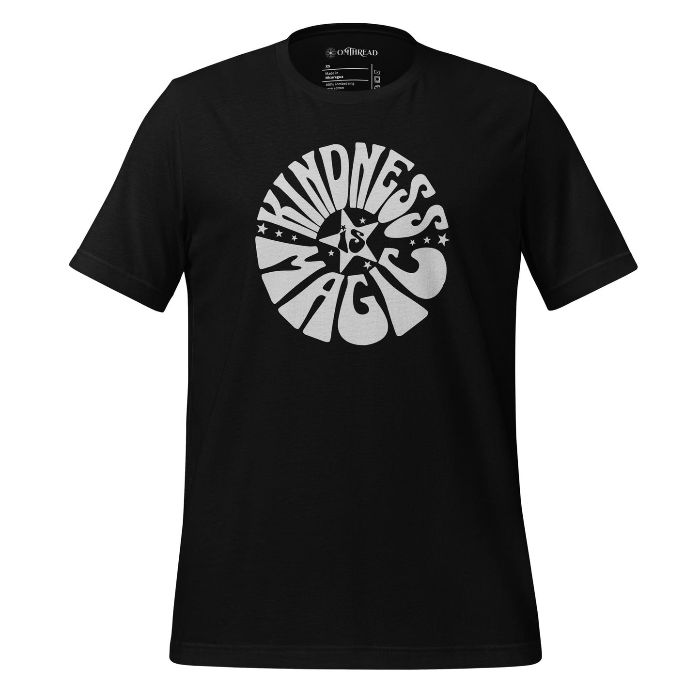 OMTHREAD black t-shirt with white "Kindness is Magic" graphic in retro-style font, featuring a star in the center.