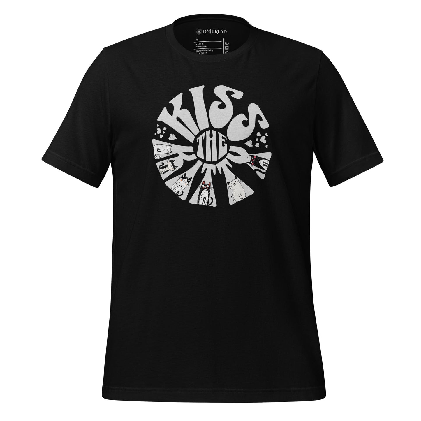 OMThread Black t-shirt featuring a circular sunburst design with the phrase "Kiss the Kitty" in bold, retro-style lettering. The letters are integrated with playful cat illustrations, creating a dynamic composition.