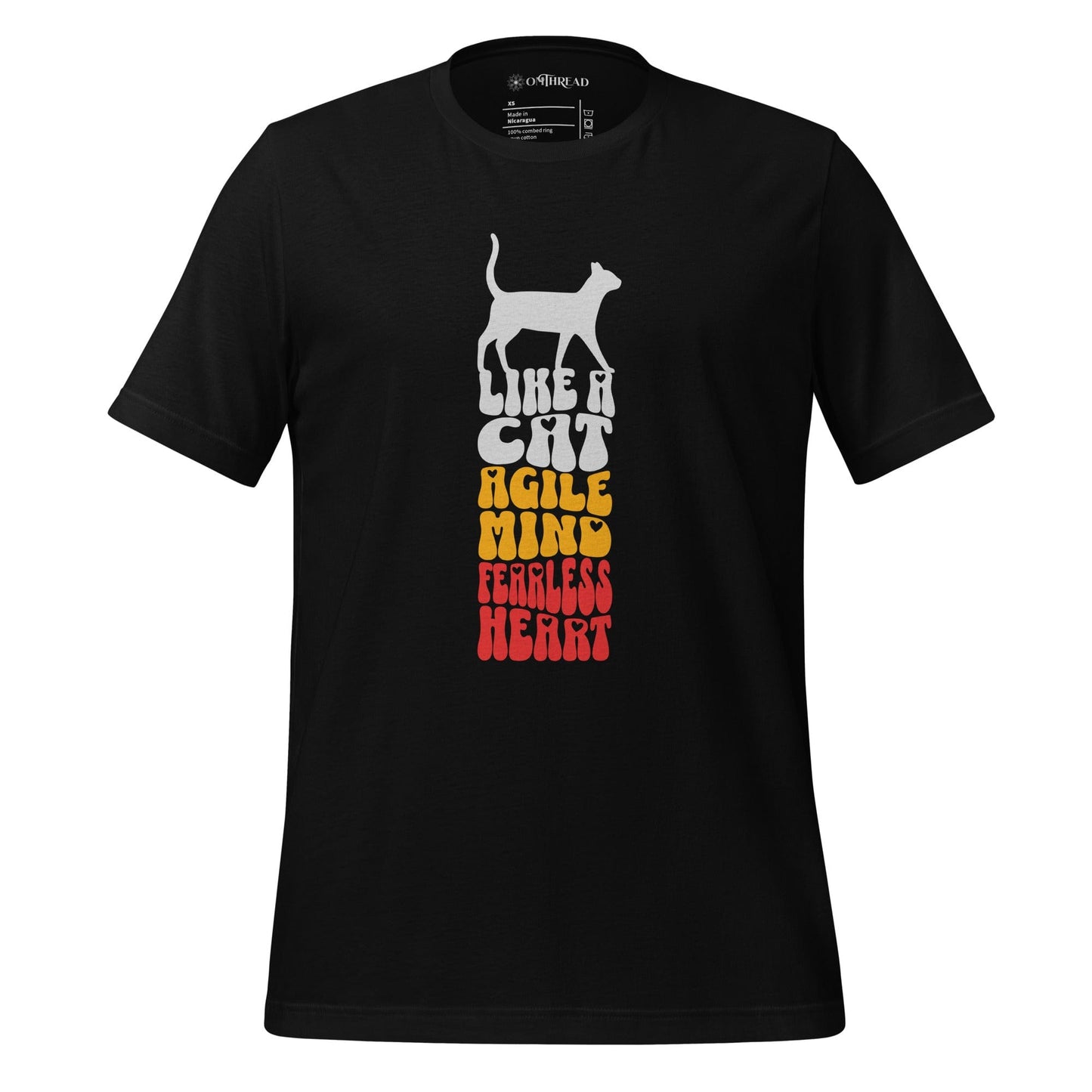 OMTHREAD Like a Cat black T-Shirt featuring bold typography stacked in gradient colors with the phrase "Like a Cat Agile Mind Fearless Heart" and a cat silhouette.