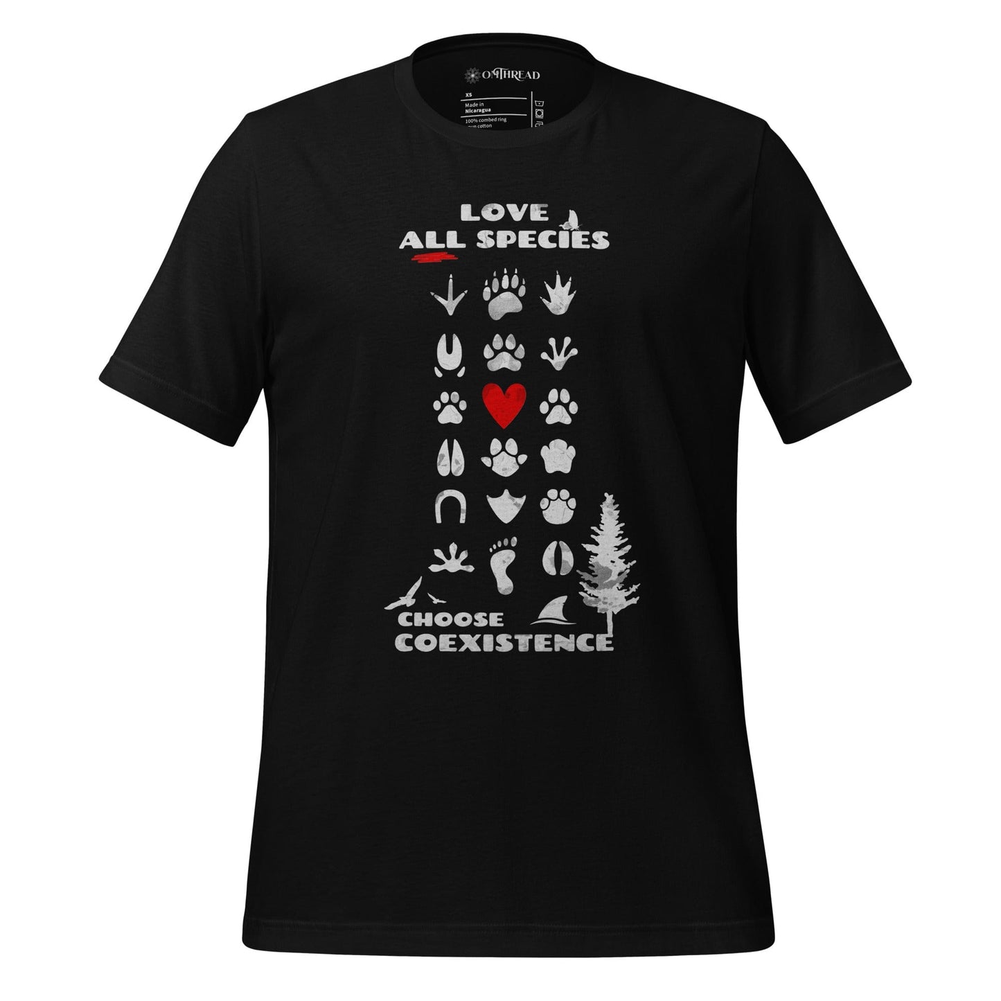 OMTHREAD Black / XS Love All Species Choose Coexistence T-Shirt Animal Footprint Nature Conservation Tee