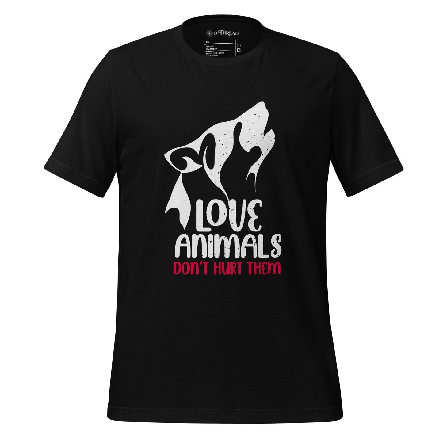OMThread black t-shirt featuring a white and red design of a stylized wolf howling with the words "Love Animals, Don't Hurt Them" in bold typography