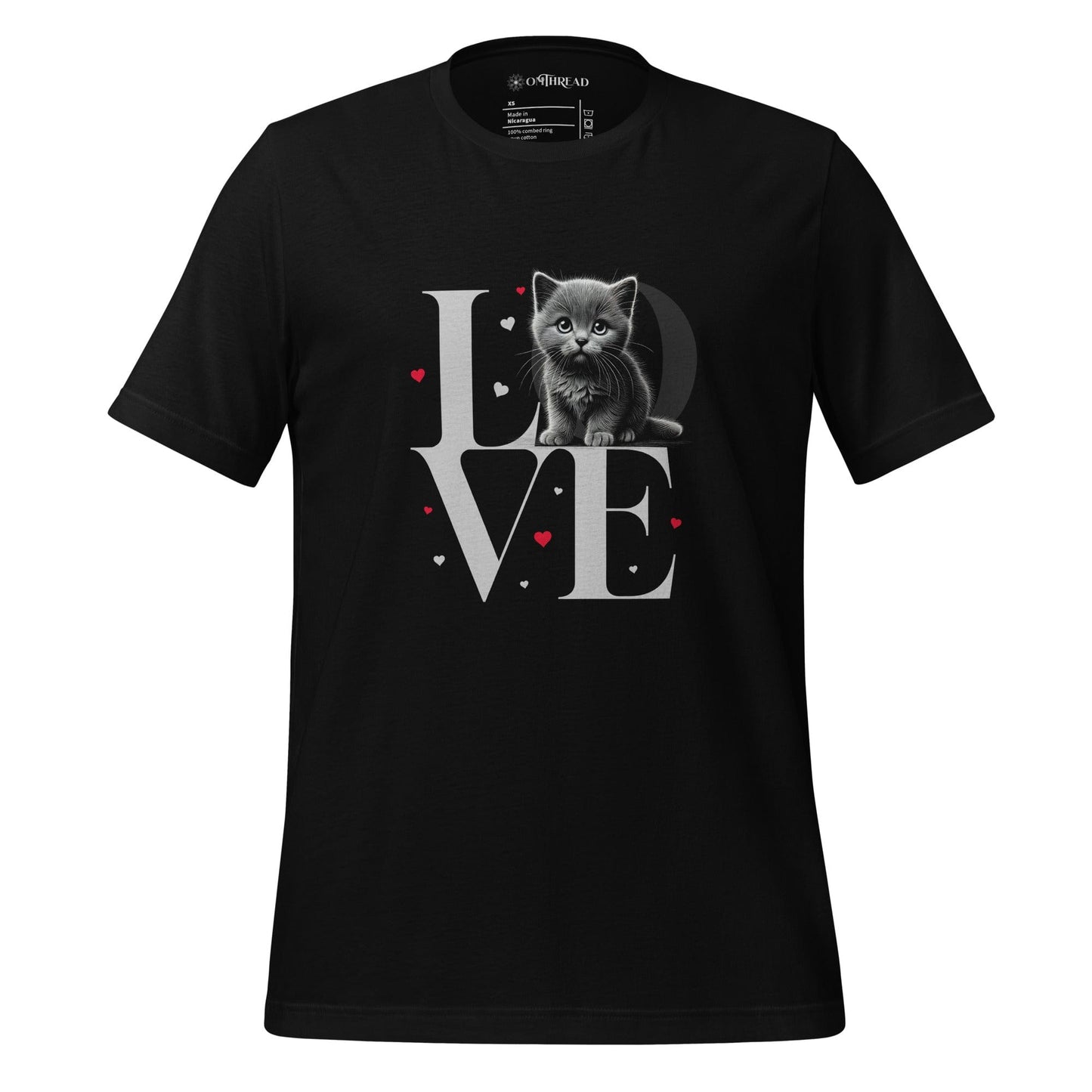 OMThread black t-shirt featuring a detailed design with the word "LOVE" in large serif letters. A gray kitten sits inside the letter "O," surrounded by small red and pink hearts.
