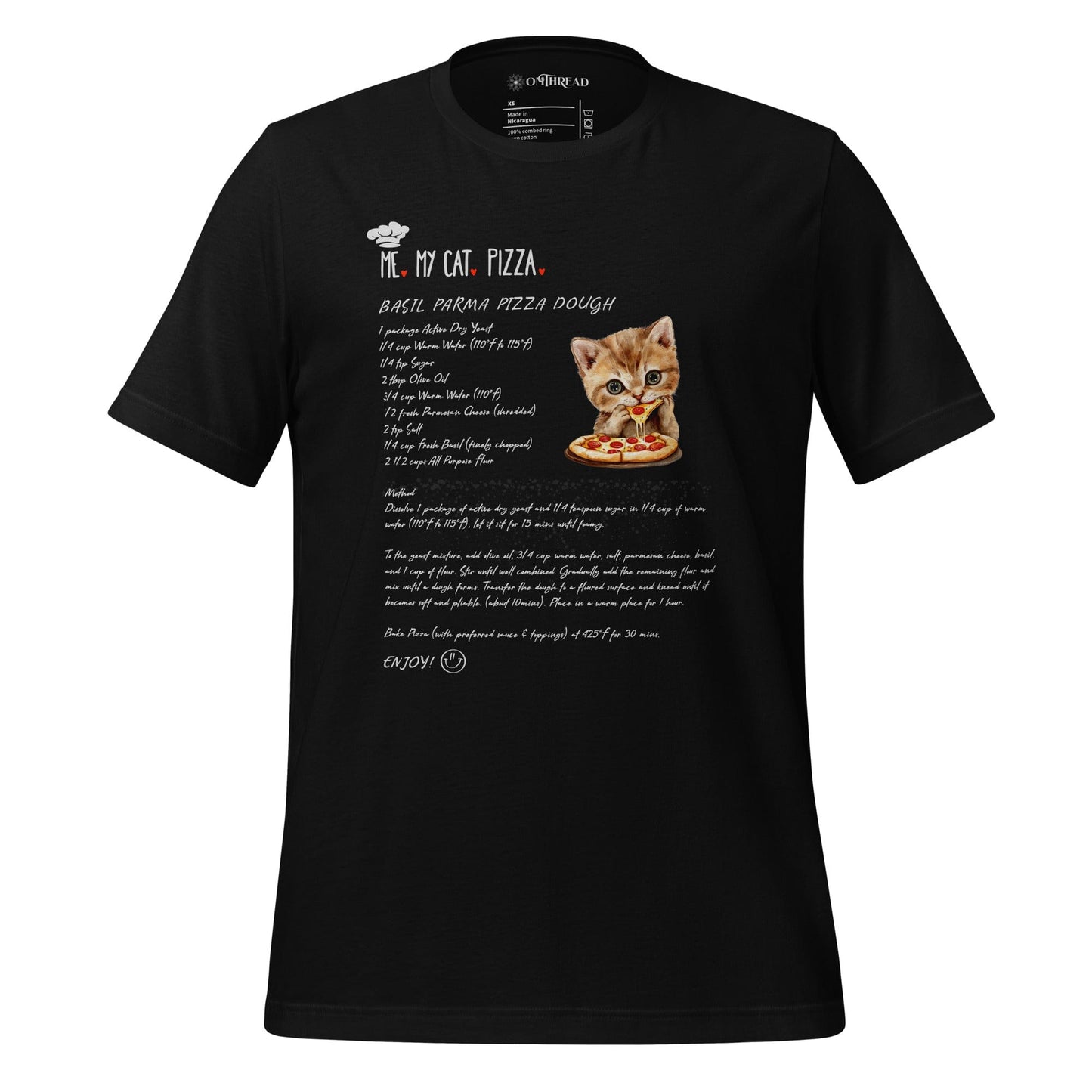 OMThread black t-shirt featuring a playful design of a kitten holding a slice of pizza next to a detailed recipe for basil parmesan pizza dough. The text "Me, My Cat, Pizza" is displayed above the ingredients and instructions, styled in a handwritten font.