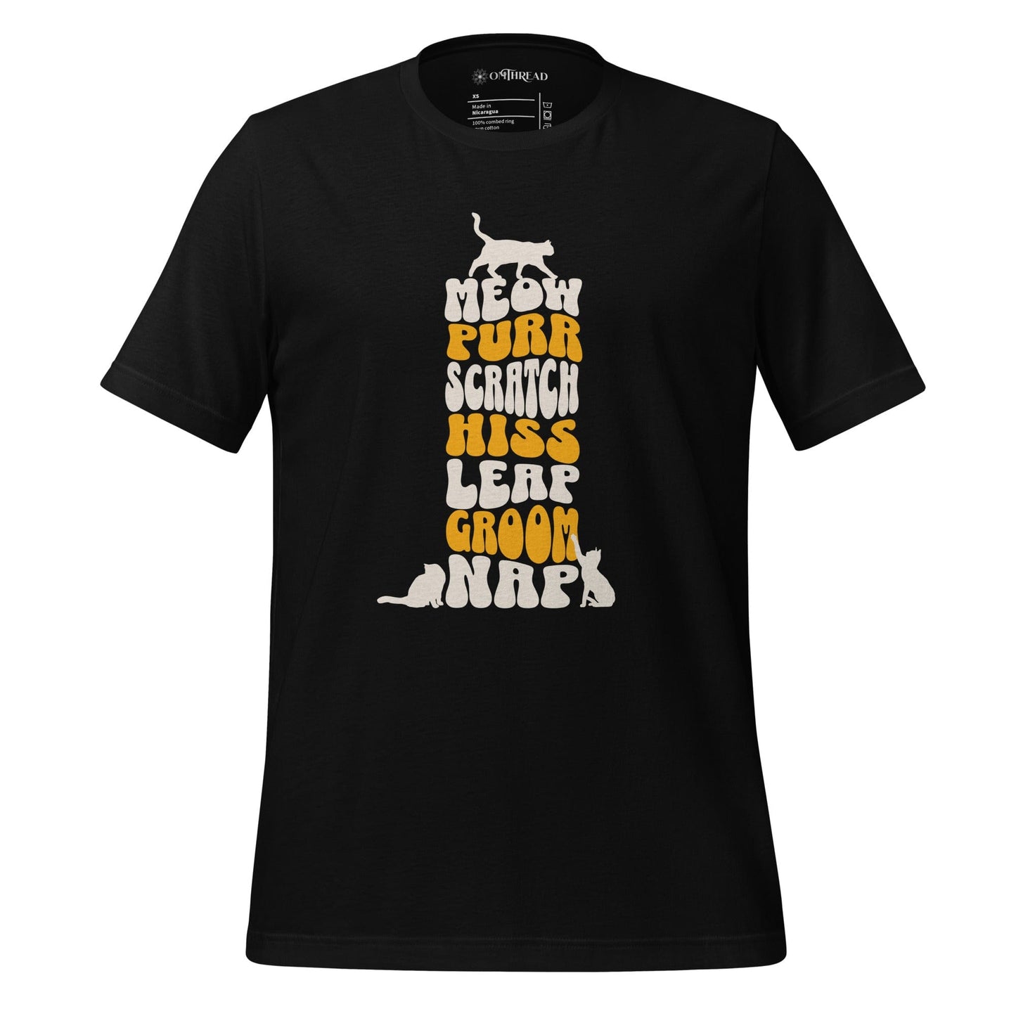 OMTHREAD black t-shirt featuring a vertical stack of bold, playful typography with the words meow, purr, scratch, hiss, leap, groom, and nap. Small cat silhouettes accent the top and bottom of the text.