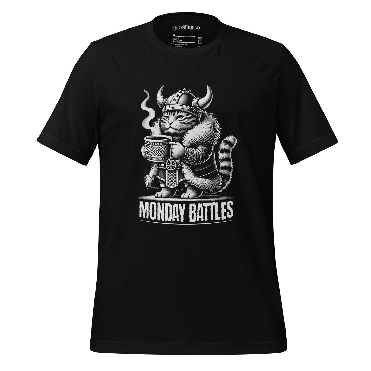 OMTHREAD black Viking cat t-shirt featuring a fierce feline warrior gripping a steaming cup of coffee, wearing a Norse helmet. 'Monday Battles' text included