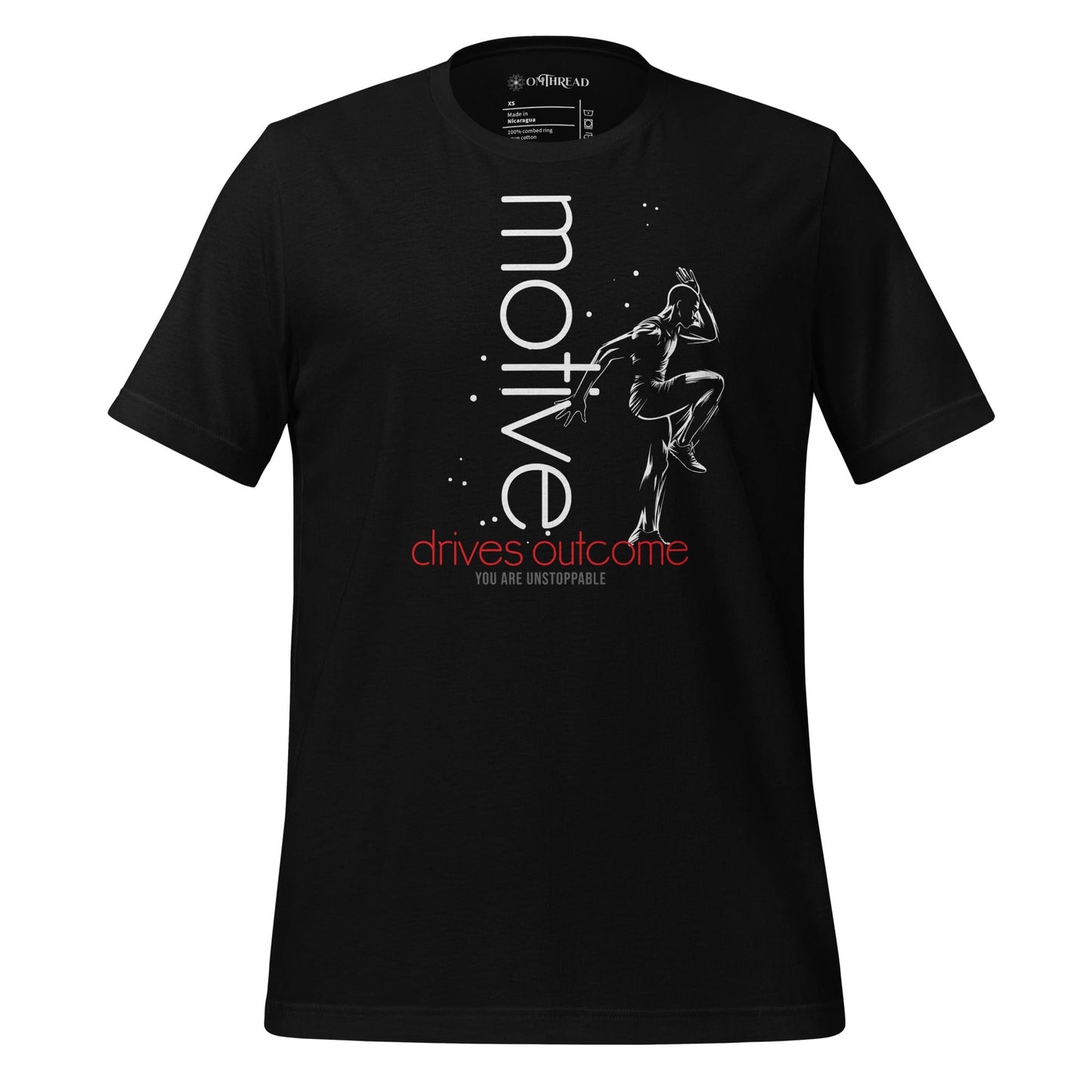 OMThread black t-shirt with white silhouette of an athlete in motion, text reading "Motive Drives Outcome" in vertical alignment.