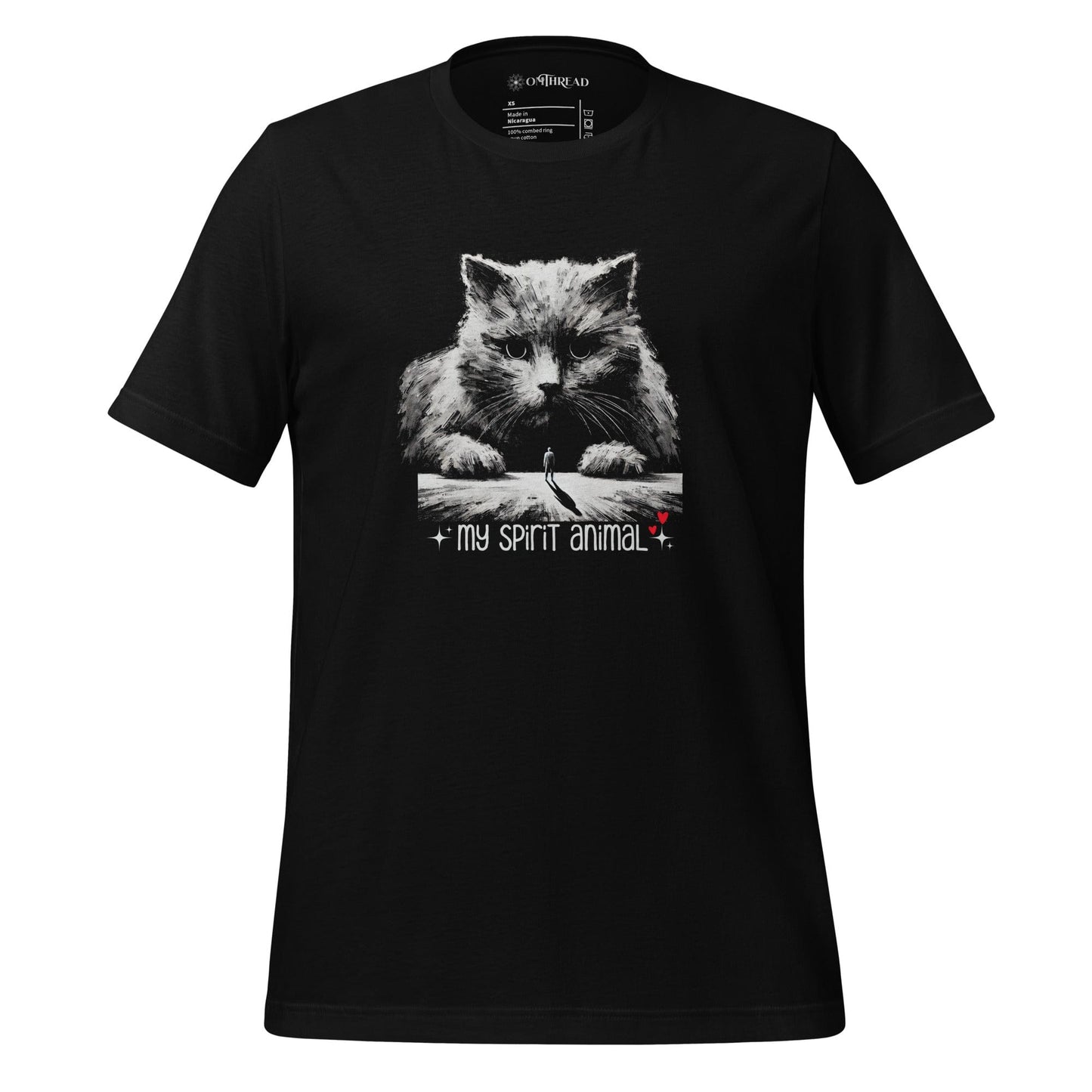 OMTHREAD black t-shirt featuring a detailed illustration of a large, mystical long-haired cat watching over a lone traveler with the phrase "My Spirit Animal" in stylized text.