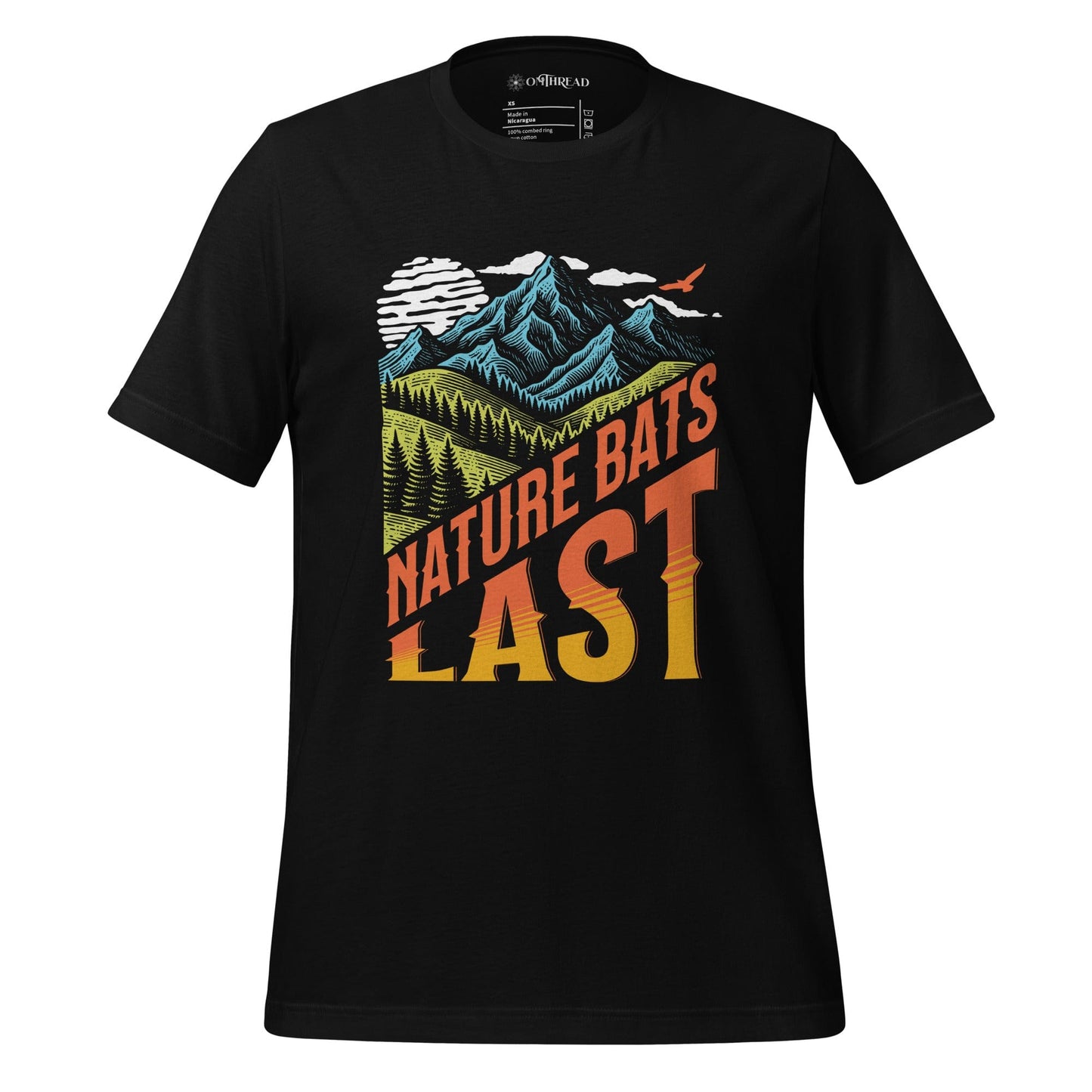 OMThread black t-shirt featuring a bold "Nature Bats Last" design with stylized mountains, forests, and a sunset gradient. High-contrast typography with an outdoor adventure and climate awareness theme.