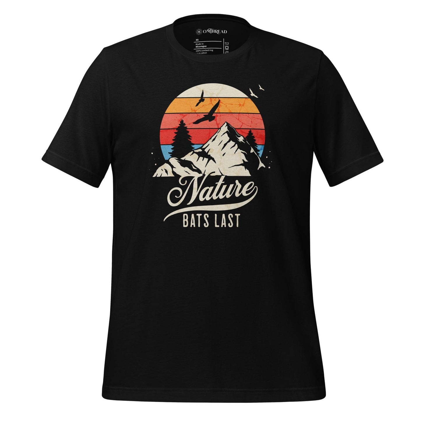 OMThread black t-shirt featuring a retro-style mountain landscape with a sunset and birds in flight, displaying the phrase "Nature Bats Last" in vintage typography.