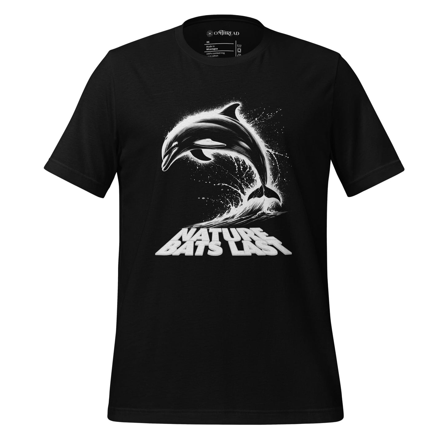 OMTHREAD black t-shirt featuring a dynamic black and white illustration of a dolphin leaping from ocean waves with the text "Nature Bats Last" in bold typography.
