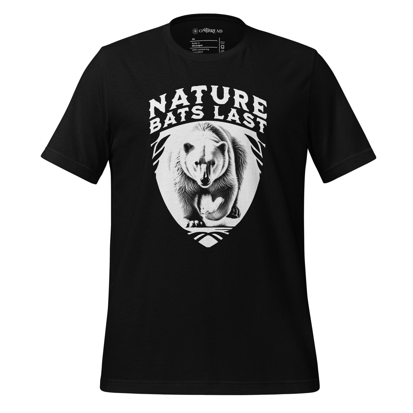 OMTHREAD Dark Black T-Shirt with a detailed polar bear illustration and bold "Nature Bats Last" text.