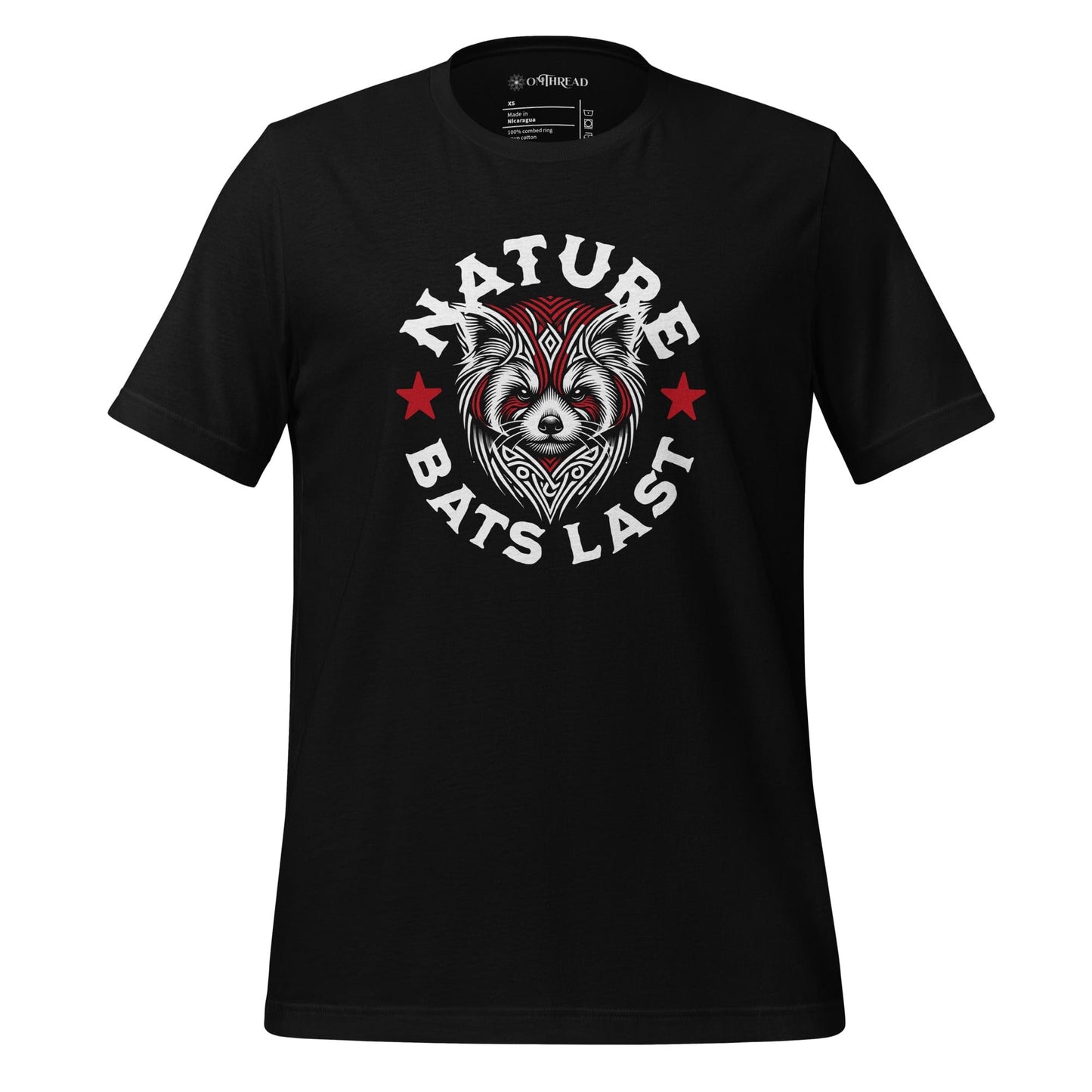 OMThread black t-shirt with a tribal-style red panda illustration and bold "Nature Bats Last" text, featuring red stars on a dark background.