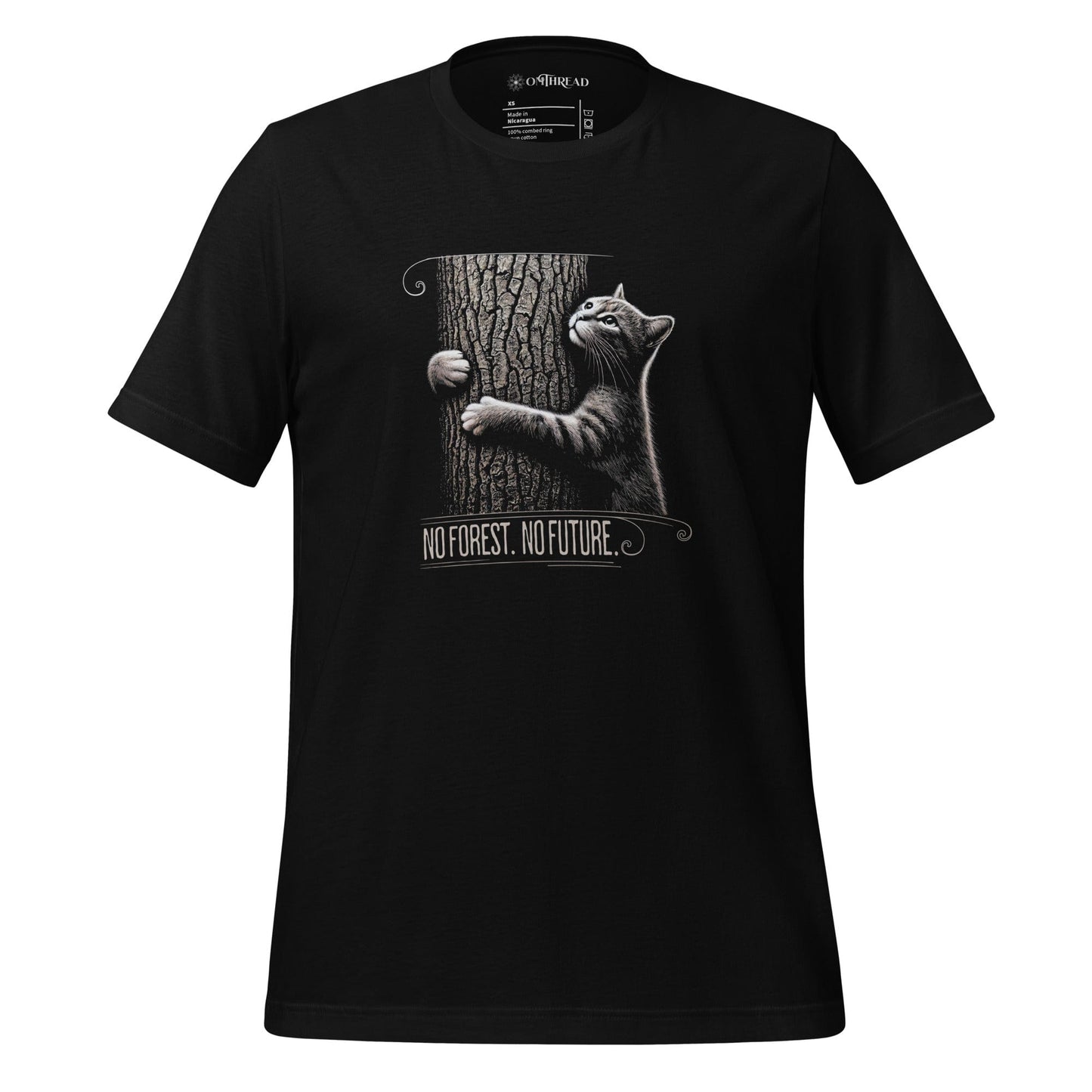 Black t-shirt featuring a cat hugging a tree with the text 'No Forest. No Future.' below. A climate change awareness tee for conservationists and animal lovers.