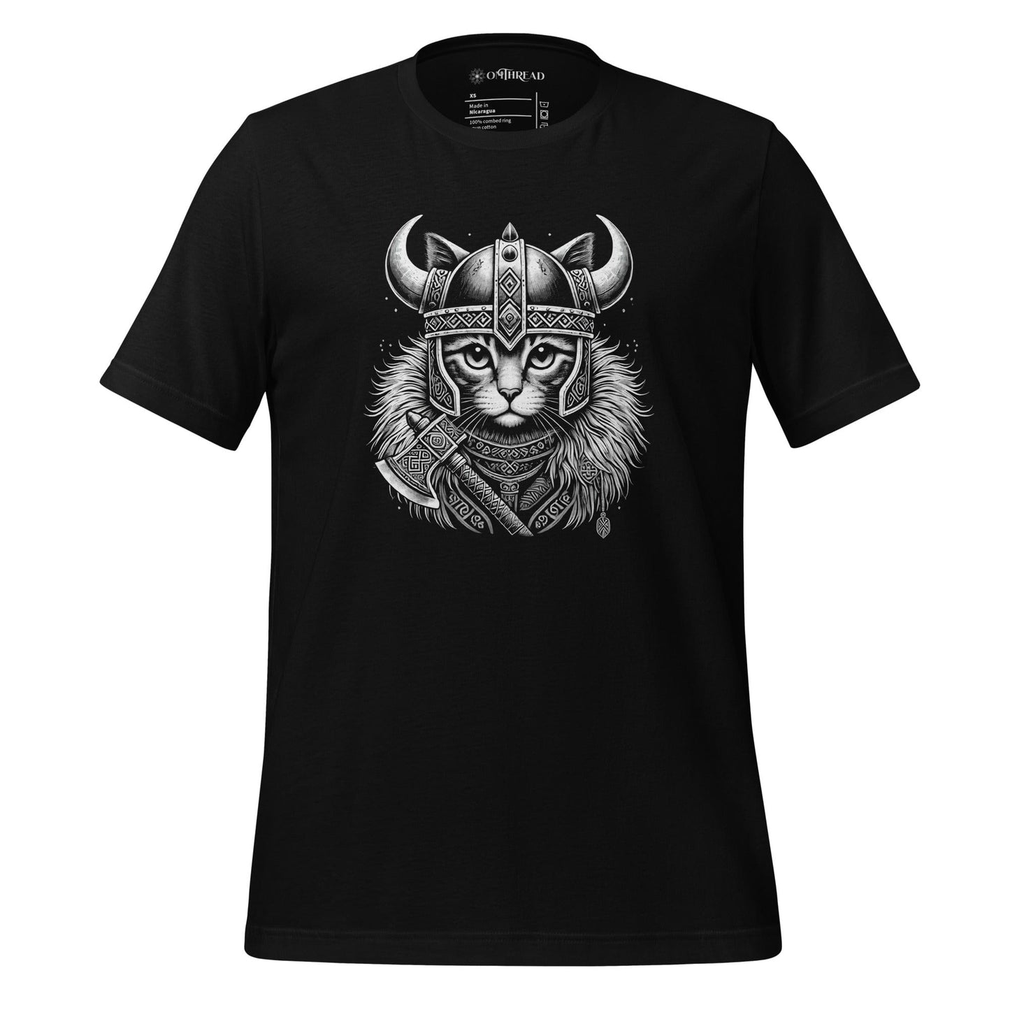 OMTHREAD Norse Viking Cat black T-shirt featuring a fierce feline in Viking armor with a detailed helmet and axe, styled with intricate Nordic patterns