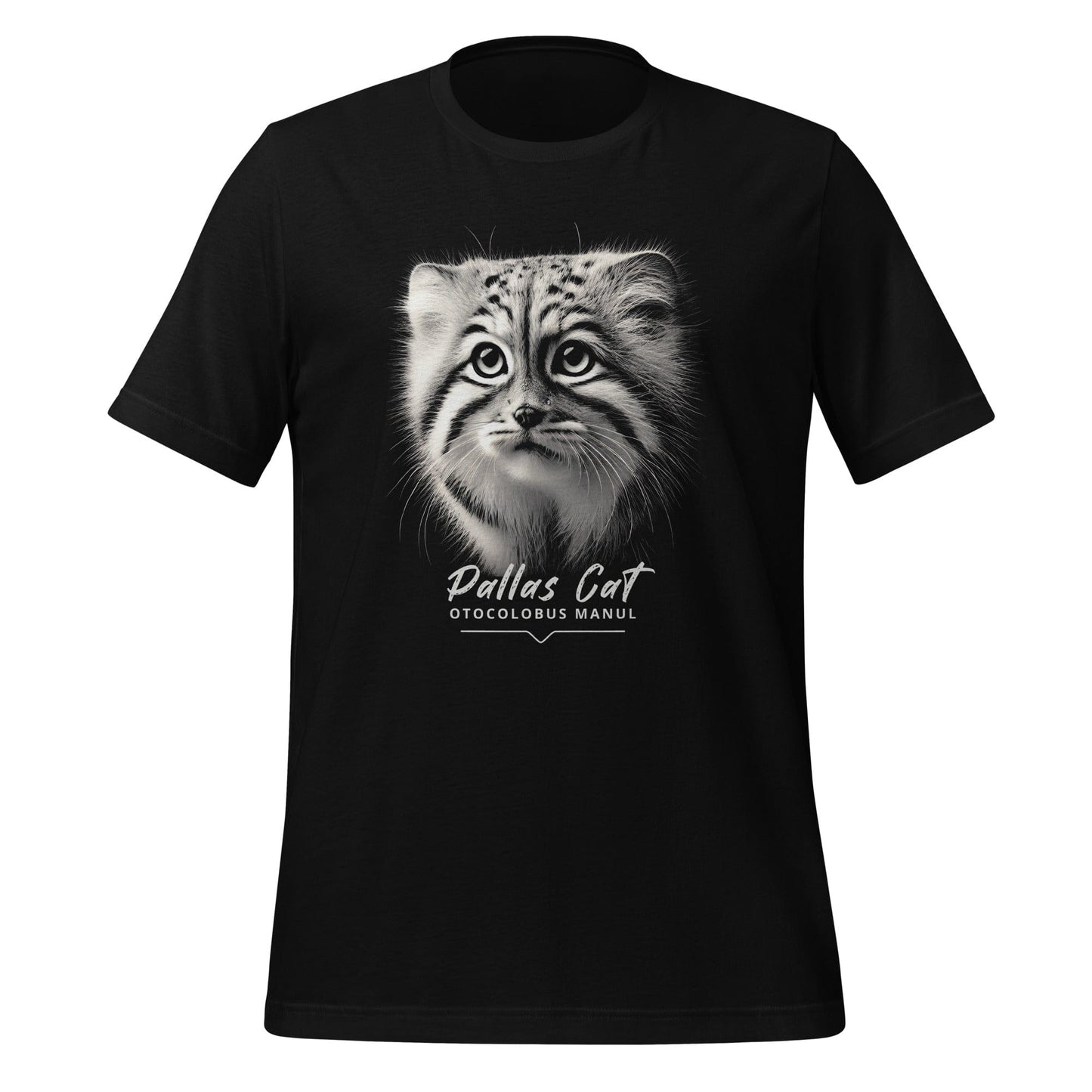 OMThread black t-shirt featuring a detailed black-and-white illustration of a Pallas kitten with intense eyes and fine fur details. Below the image, "Pallas Cat" is written in elegant white script, followed by "Otocolobus Manul" in a modern font.