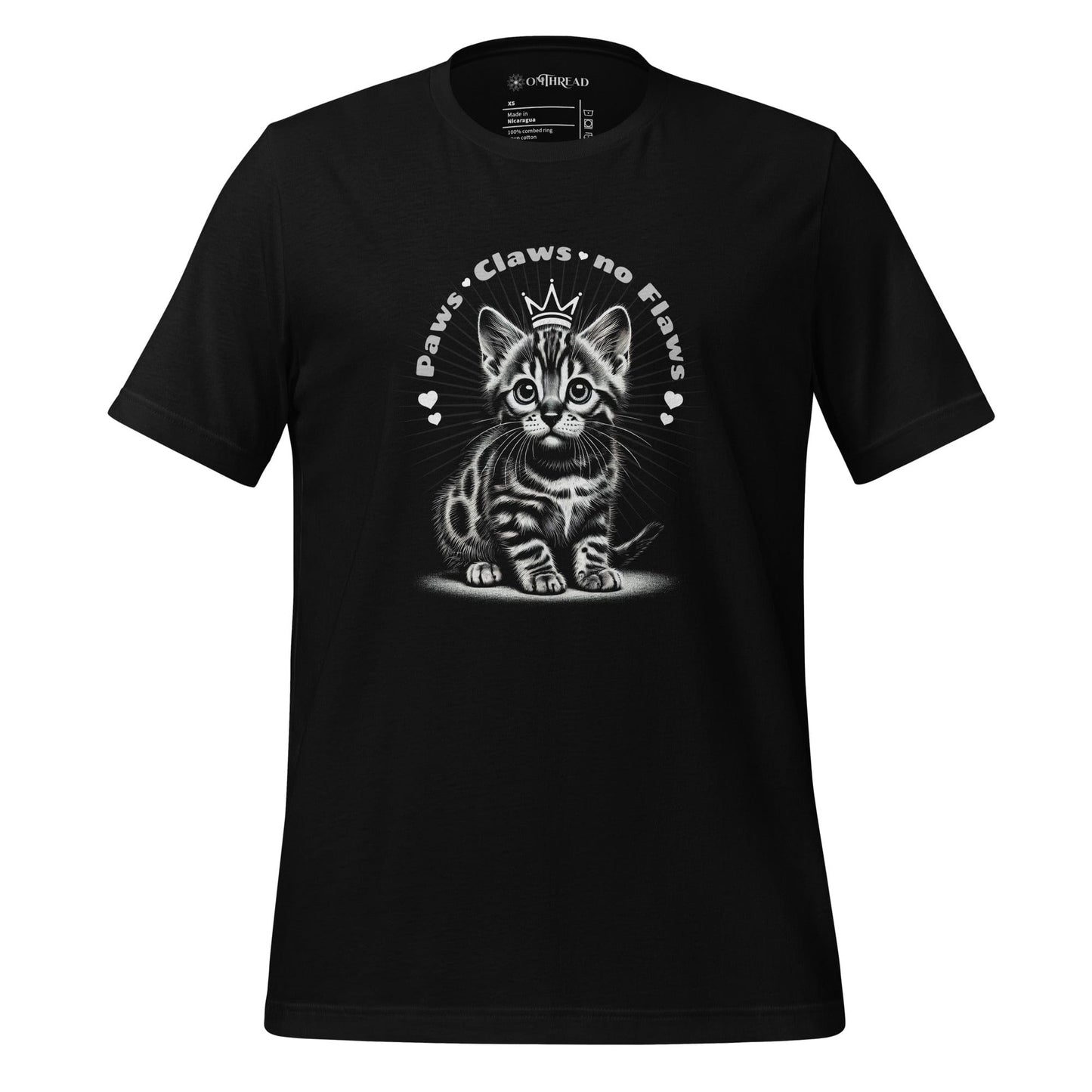 OMTHREAD black t-shirt featuring a detailed illustration of a Bengal kitten wearing a small crown. The phrase "Paws, Claws, no Flaws" arches over the kitten with small decorative hearts.