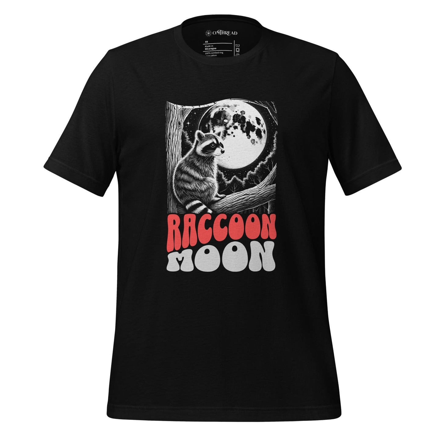 OMTHREAD black t-shirt with a detailed raccoon illustration sitting on a tree branch under a full moon, retro red and white text reads Raccoon Moon.