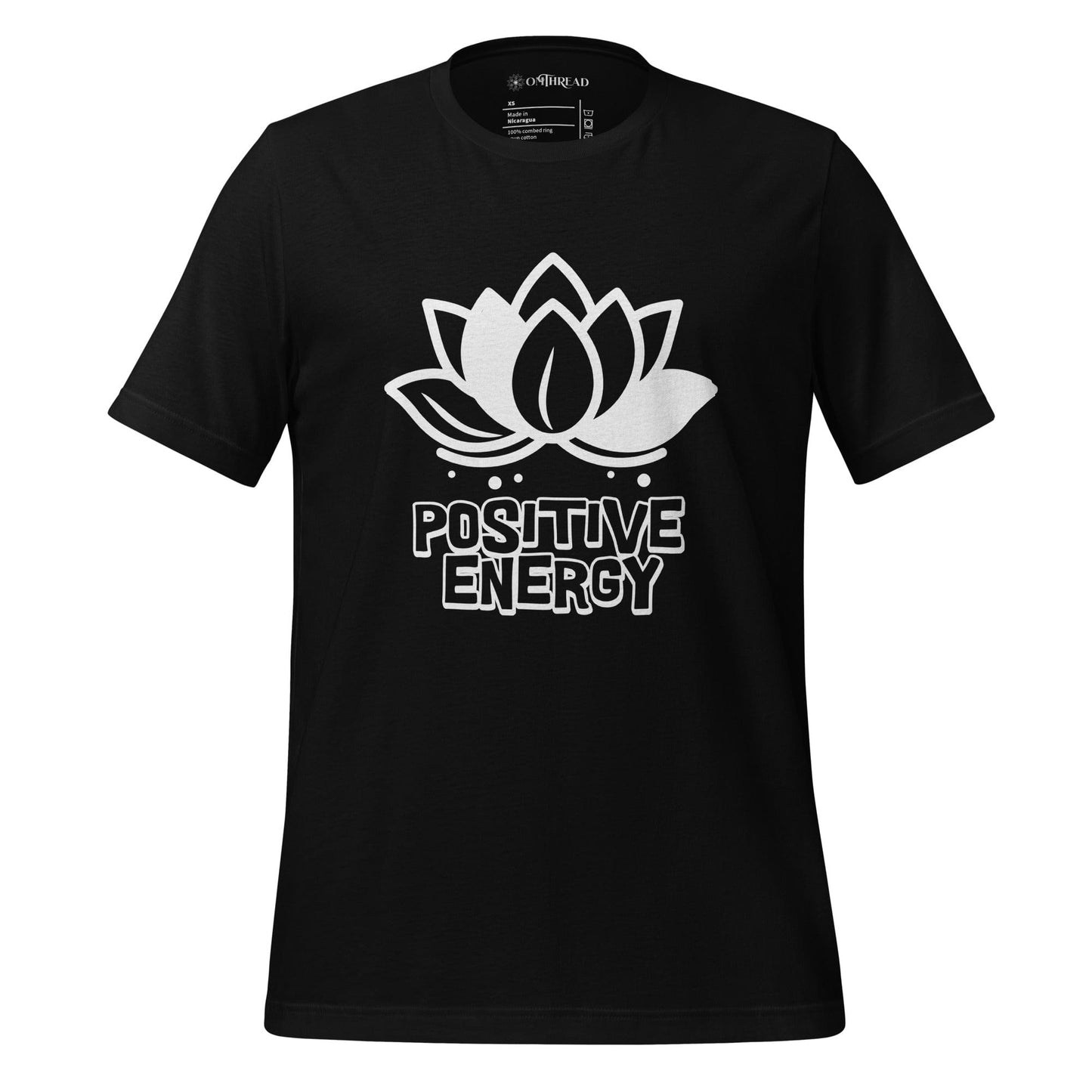 OMTHREAD Black Radiate Positive Energy Motivational Tee with a lotus flower design and bold text 'Positive Energy' in white.
