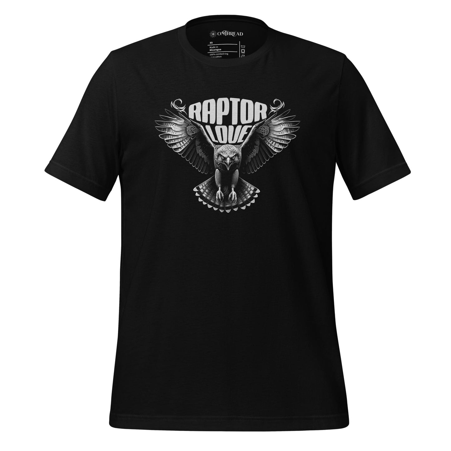OMTHREAD BlackaOMTHREAD black t-shirt with a detailed raptor design featuring a hawk in mid-flight with outstretched wings and the bold text "Raptor Love" above. / XS Raptor Love Tee