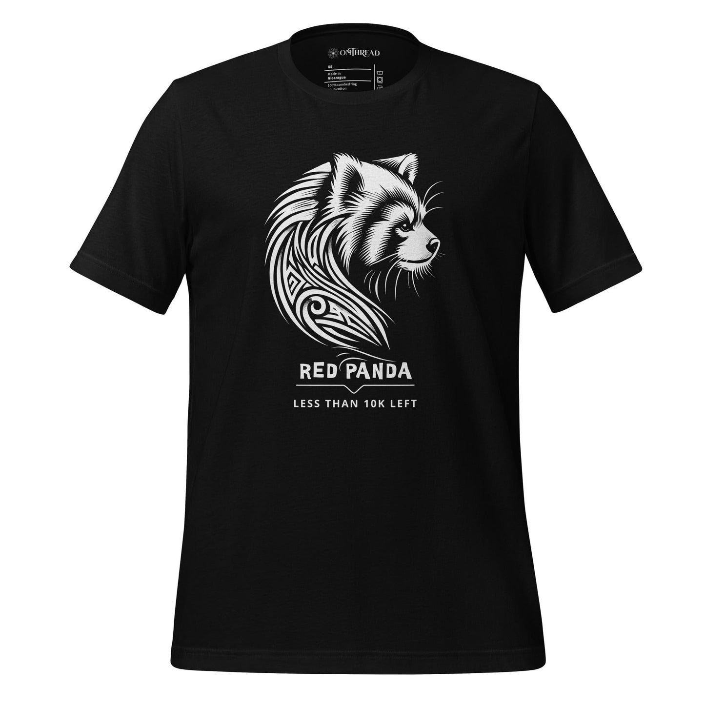 OMThread black t-shirt featuring a white tribal-style red panda illustration with the text 'Less Than 10K Left' below the design.