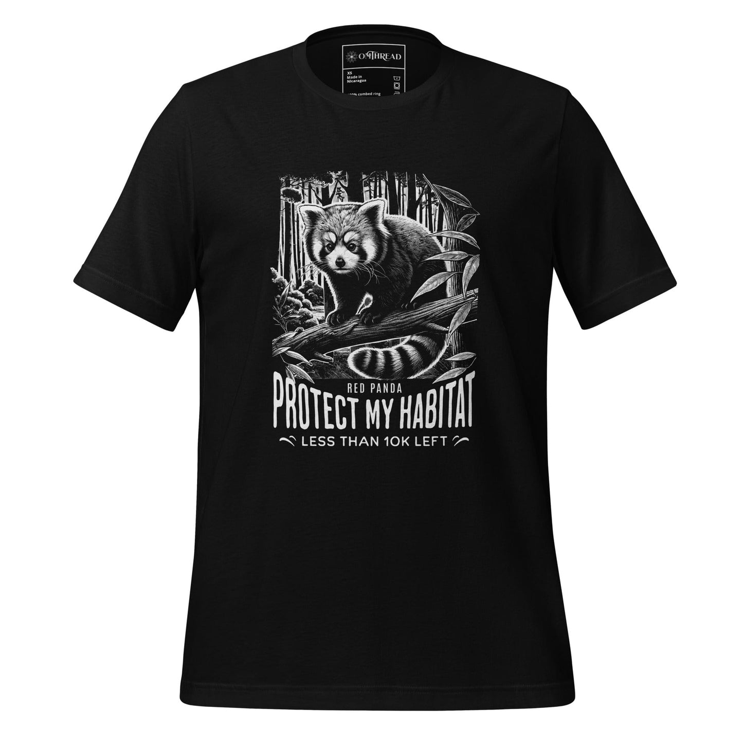 OMThread red panda endangered species t-shirt, black cotton tee featuring a detailed black and white illustration of a red panda in its natural habitat with the message "Protect My Habitat Less Than 10K Left"