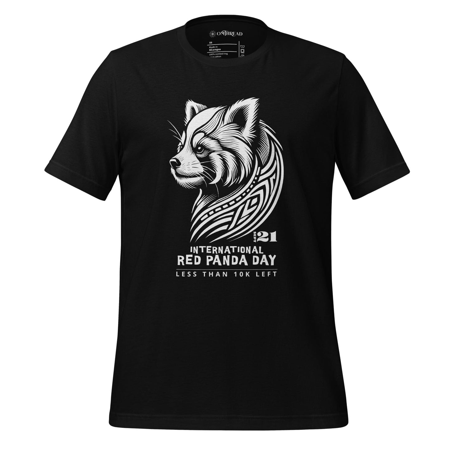 OMThread black t-shirt with white tribal-style red panda illustration and text reading "International Red Panda Day, Less Than 10K Left"