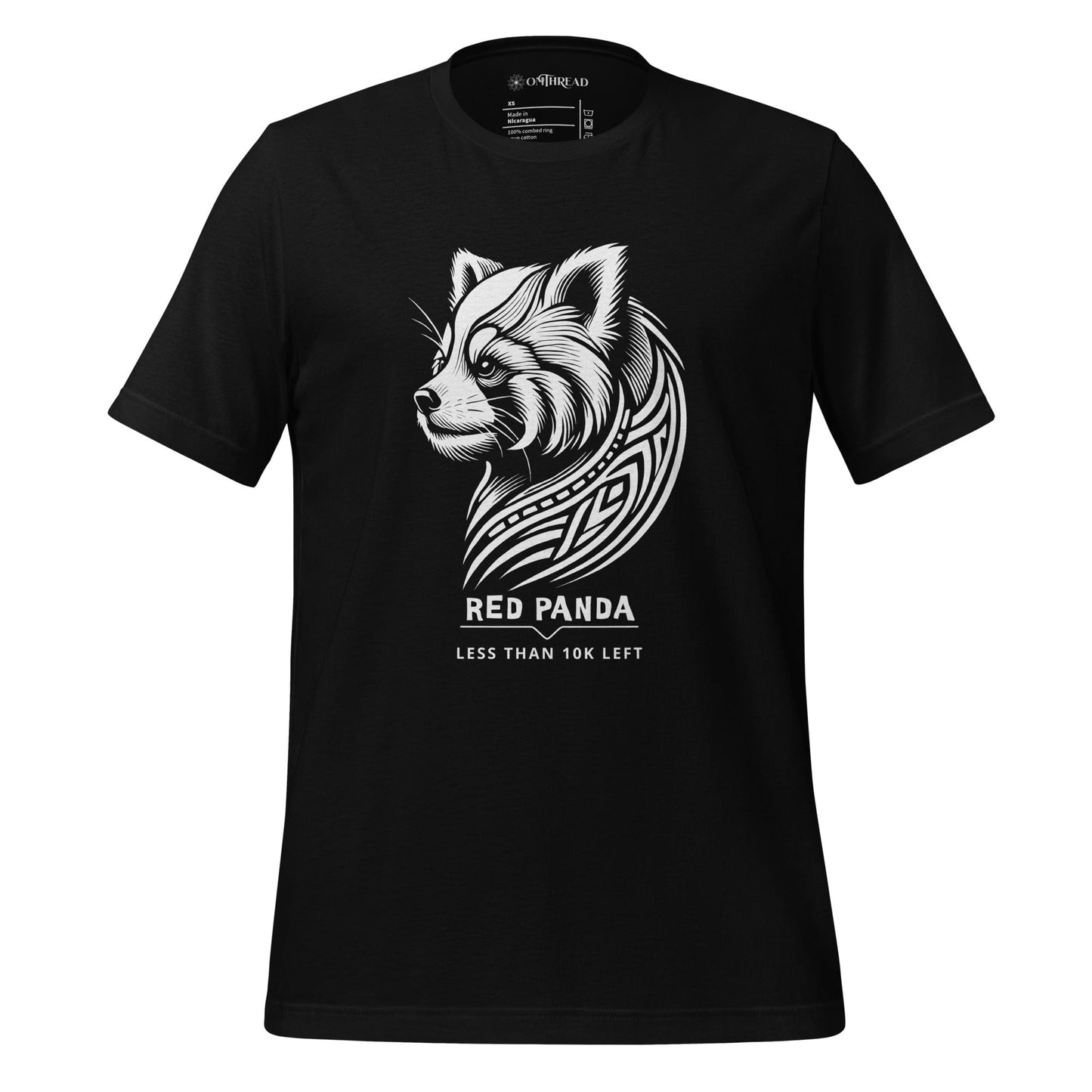 OMThread black t-shirt featuring a tribal-style red panda illustration with the phrase "Less Than 10K Left," highlighting endangered species awareness.