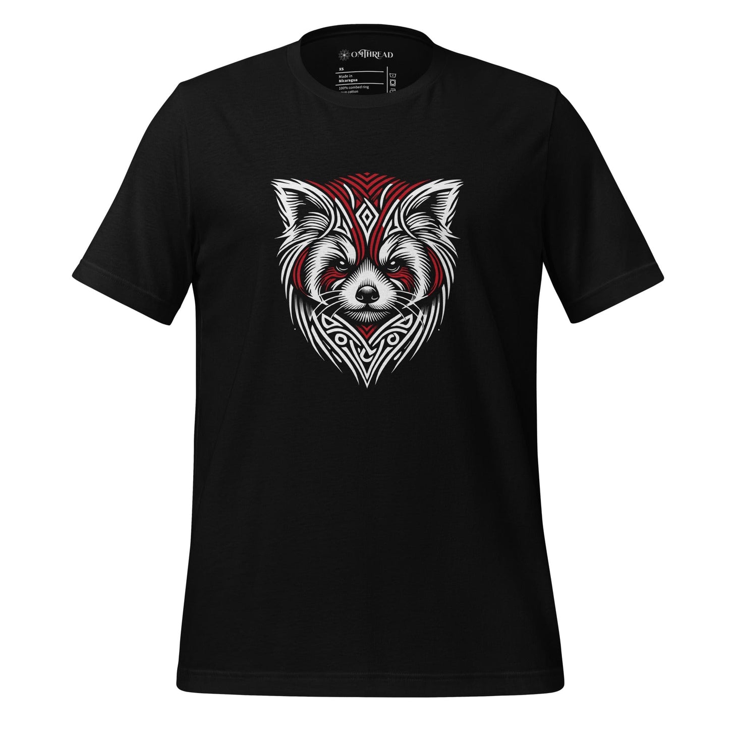 OMThread black t-shirt featuring a detailed tribal-style red panda illustration with red and white accents.