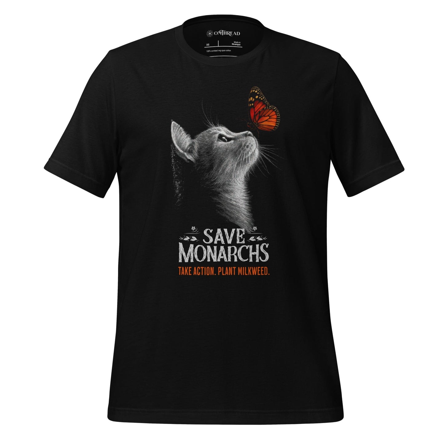 OMTHREAD Black / XS Save Monarchs, Take Action, Plant Milkweed Cat T-Shirt, Wildlife Conservation Gift Tee