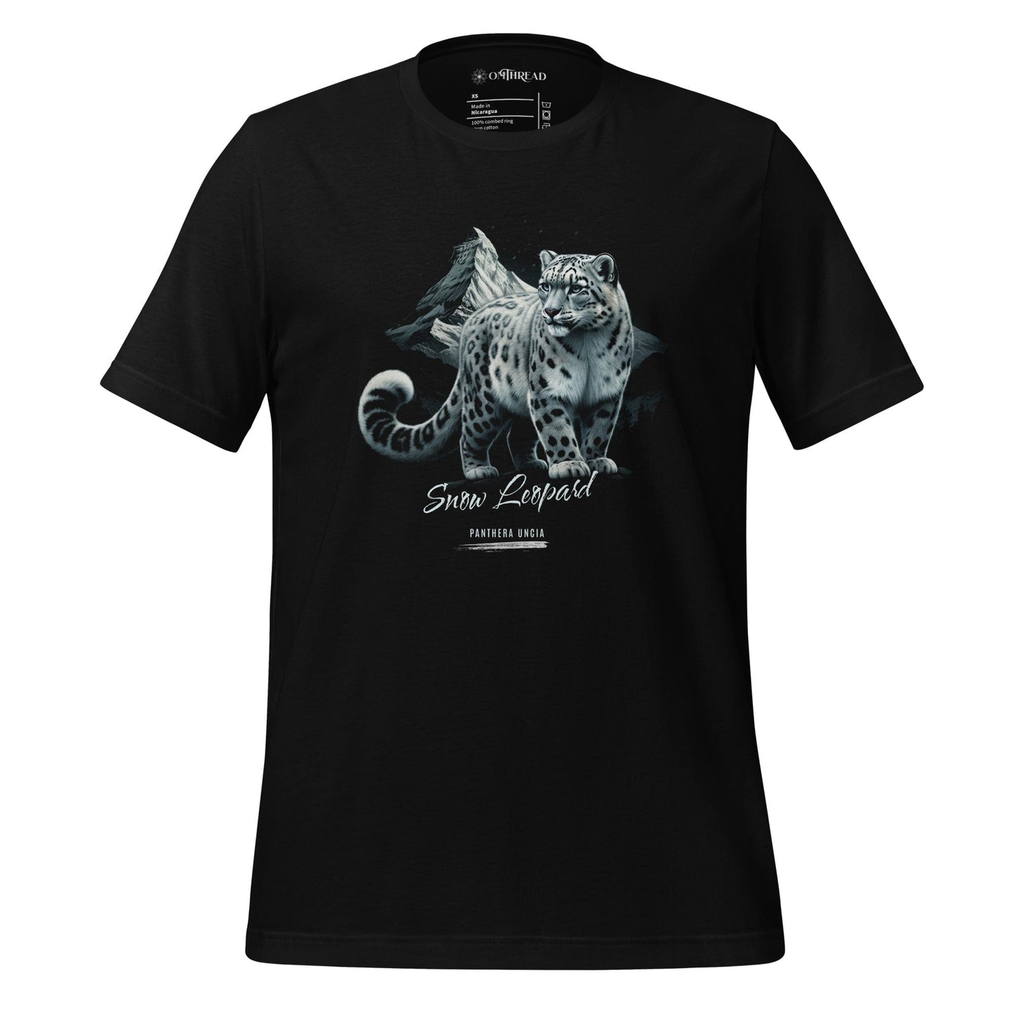 OMThread black t-shirt featuring a detailed illustration of a snow leopard standing on a rocky ledge with a mountain landscape in the background. The design includes the text "Snow Leopard" and "Panthera Uncia" in elegant typography.