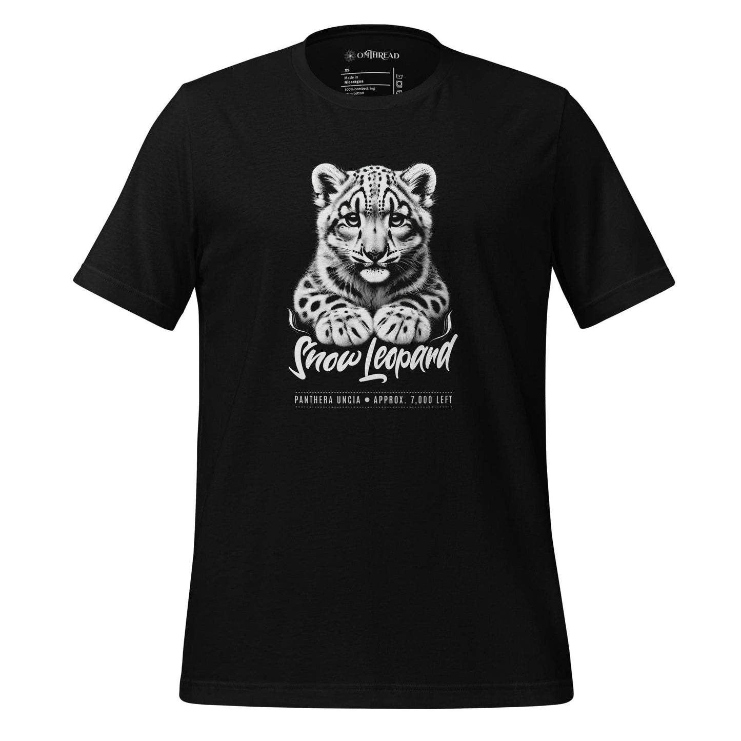 OMThread black t-shirt featuring a detailed black and white illustration of a snow leopard cub with the words "Snow Leopard" and "Panthera uncia" below.